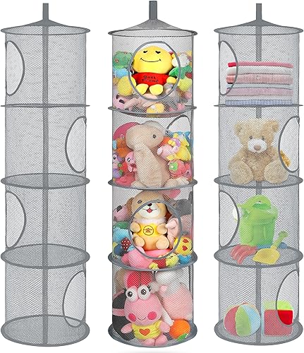 Miniatura 96 de Organizador de bolsas de malla colgante para ahorrar espacio, organizador plegable de almacenamiento de animales de peluche, 5 compartimentos,