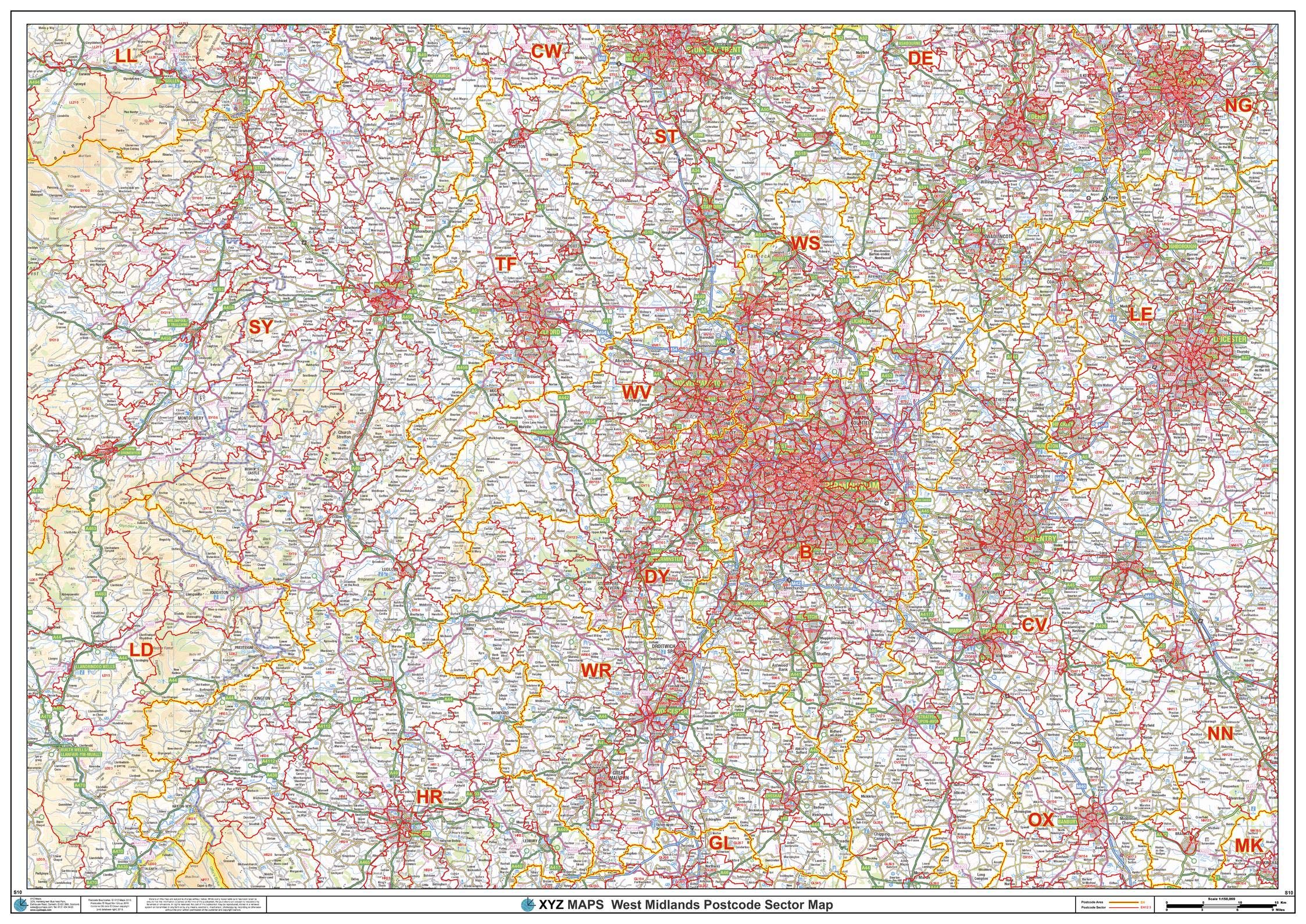 West Midlands Postcode Sector Wall Map (S10) - 47" x 33.25" Rolled Canvas