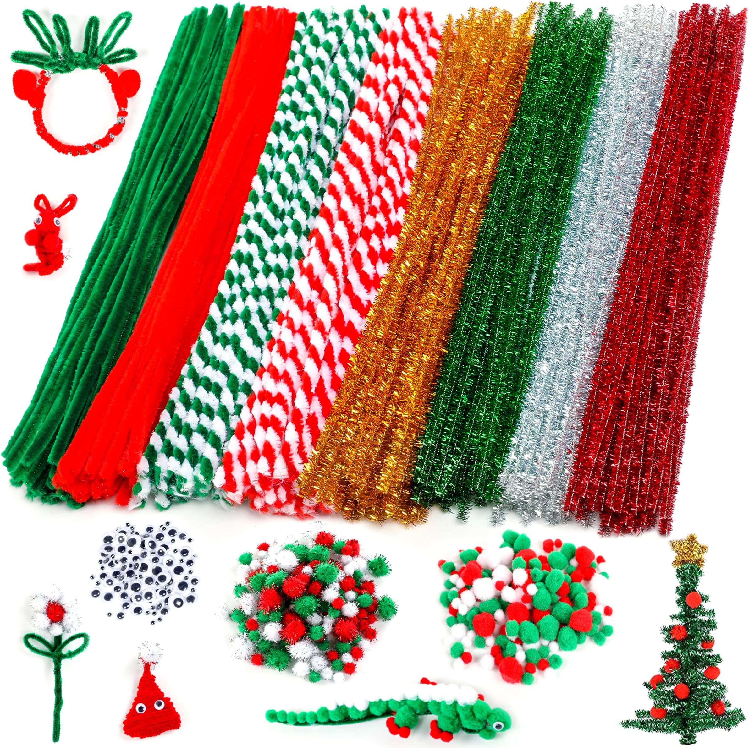 Christmas Pipe Cleaners,700 Pcs Pipe Cleaners Craft Set Including 200 Pcs Pipe Cleaners,400 Pcs Pom Poms Balls,100Pcs Wiggle Googly Eyes Self Adhesive Suitable for Home&School DIY Art Crafts