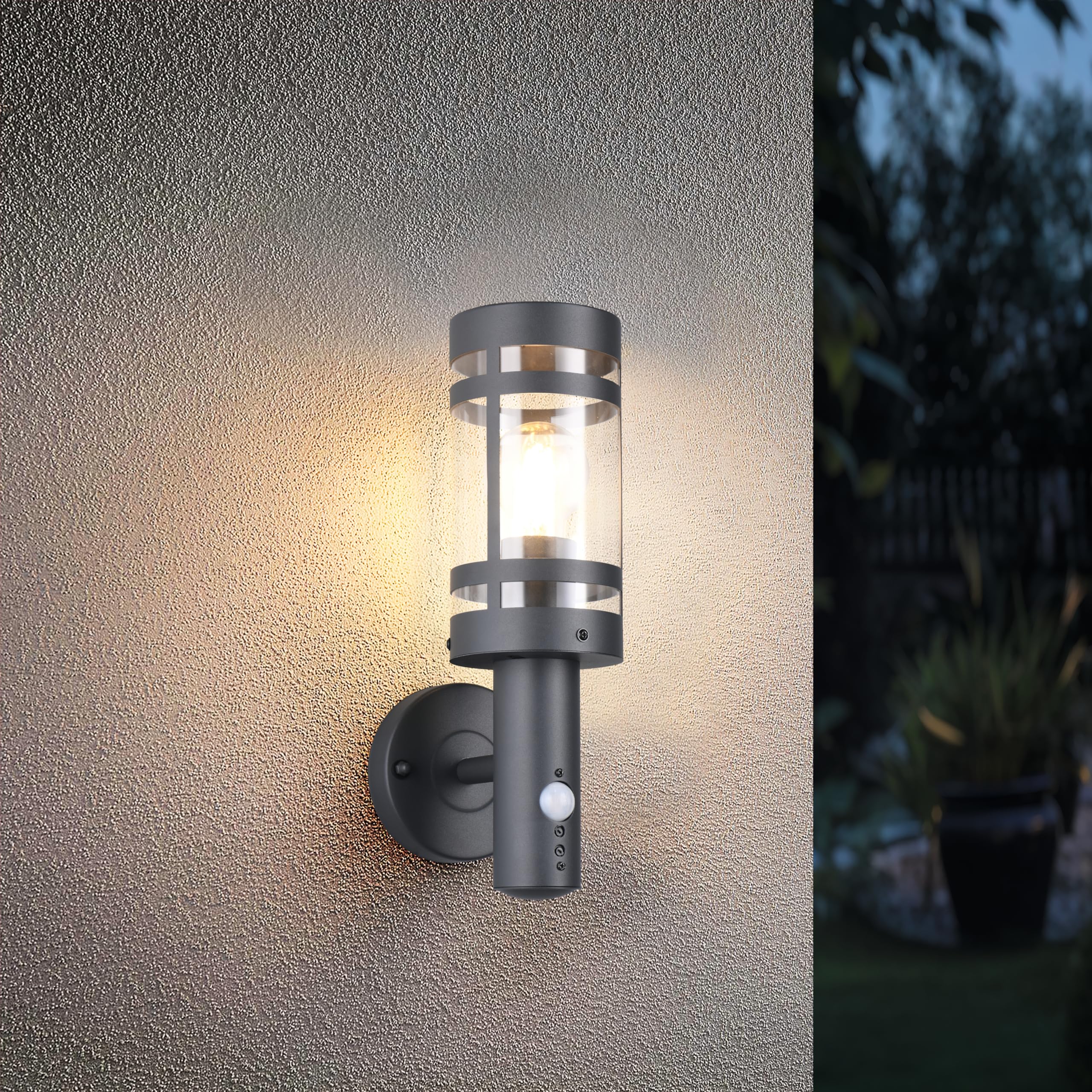 Reality Leuchten Paloma R21719142 - Lampada da parete per esterni, in metallo antracite, paralume in plastica trasparente, 1 x E27, sensore di movimento