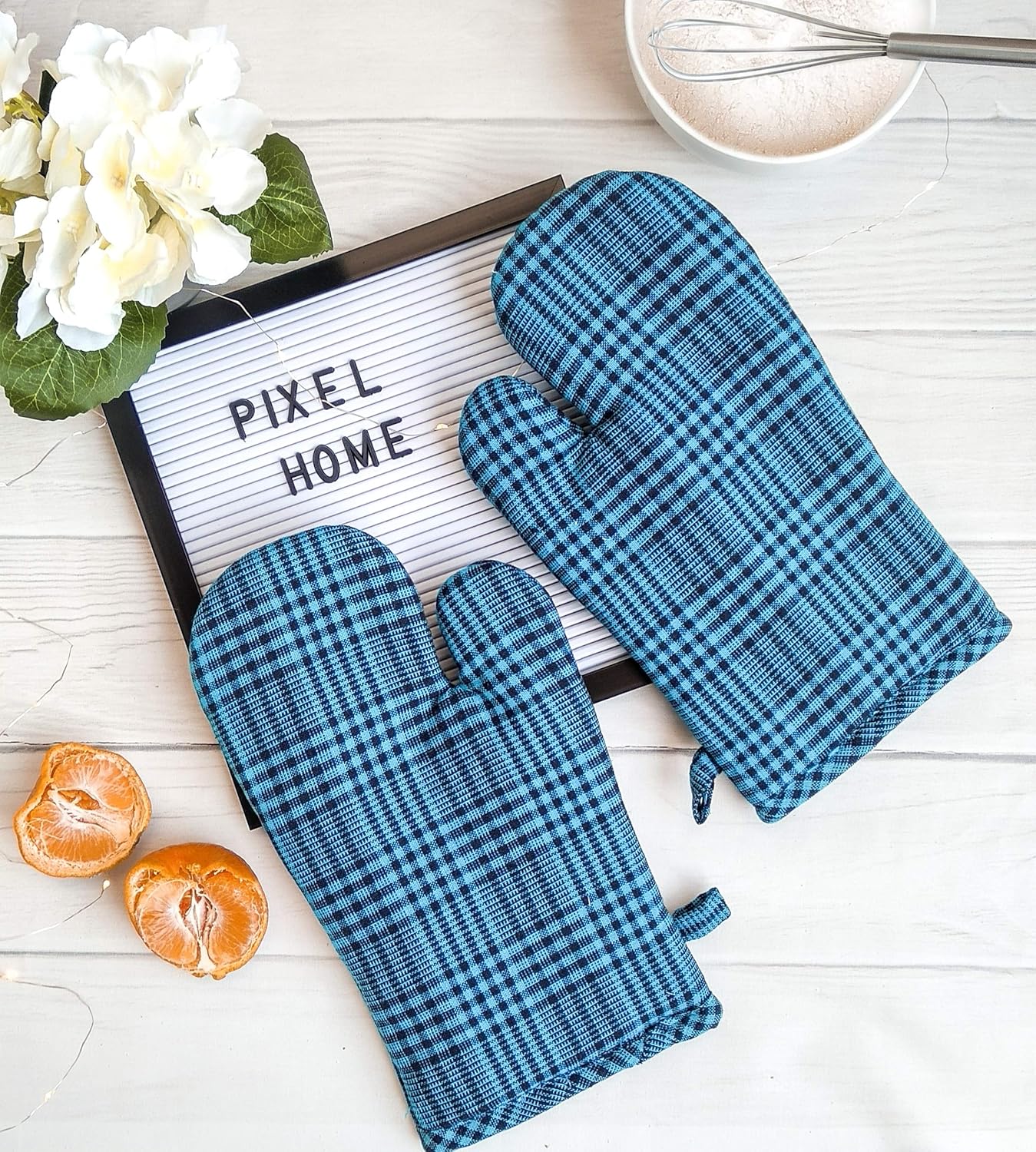 PIXEL HOME Cotton Microwave Oven Mitten for Microwave – Set of 2 PCS Oven Glove – Heat Resistant(Blue Pin Stripe)