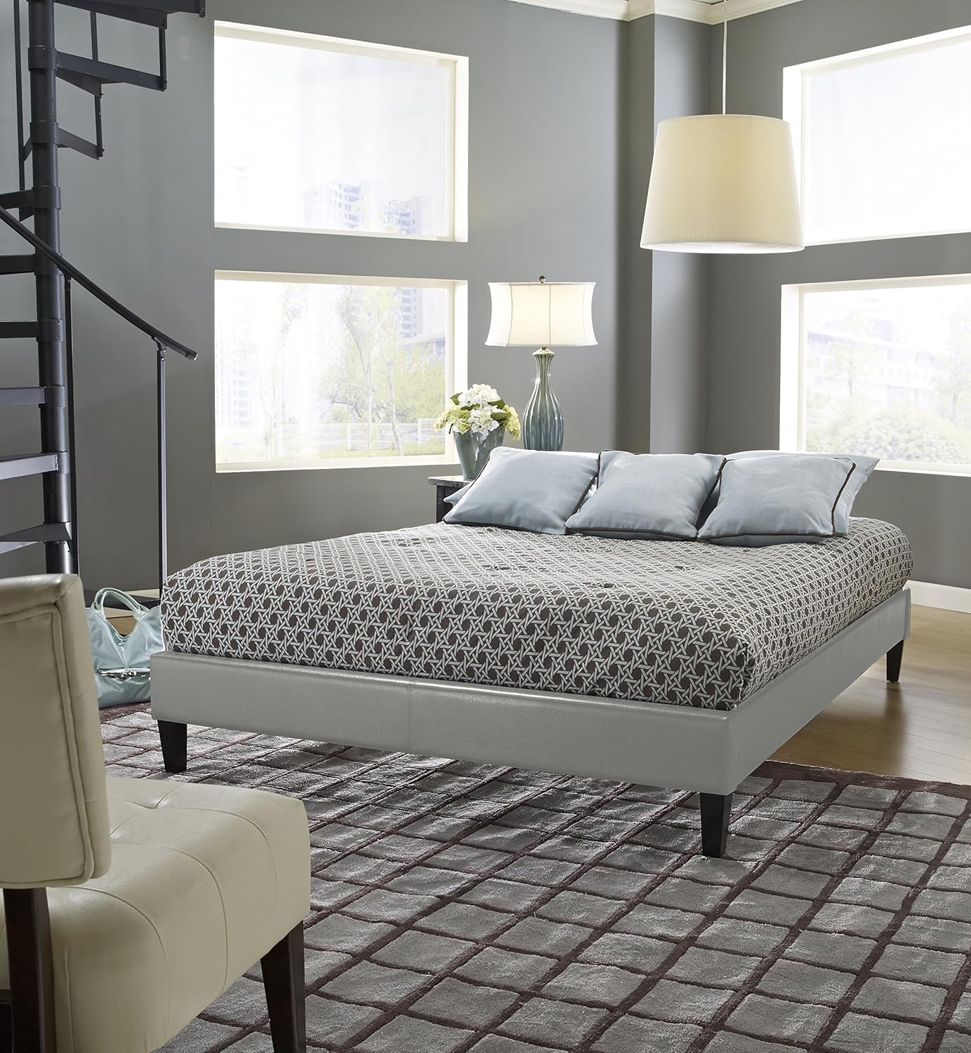Contemporary Full Size Gray Finished Upholstered Faux