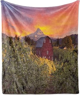 Ambesonne Colorful Throw Blanket, Sunset Over Mount Hood and North American Style Wooden Barn on Foreground Image, Flannel Fleece Accent Piece Soft Couch Cover for Adults, 70" x 90", Multicolor