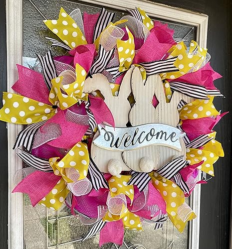 Miniatura 2 de Bunny Butt Welcome Easter Spring Deco Mesh Front Door Wreath, Home Decor Decoration, Unique Housewarming Wedding Gift, Welcome Hanger