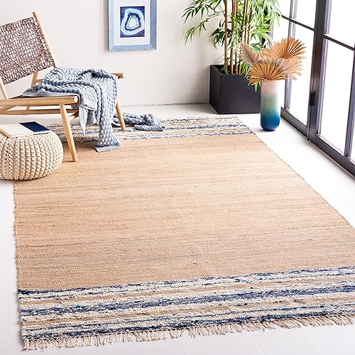 Safavieh Natura Collection NAT871N - Alfombra de área costera de yute y lana de 4 x 6 pies, natural, azul marino, hecha a mano