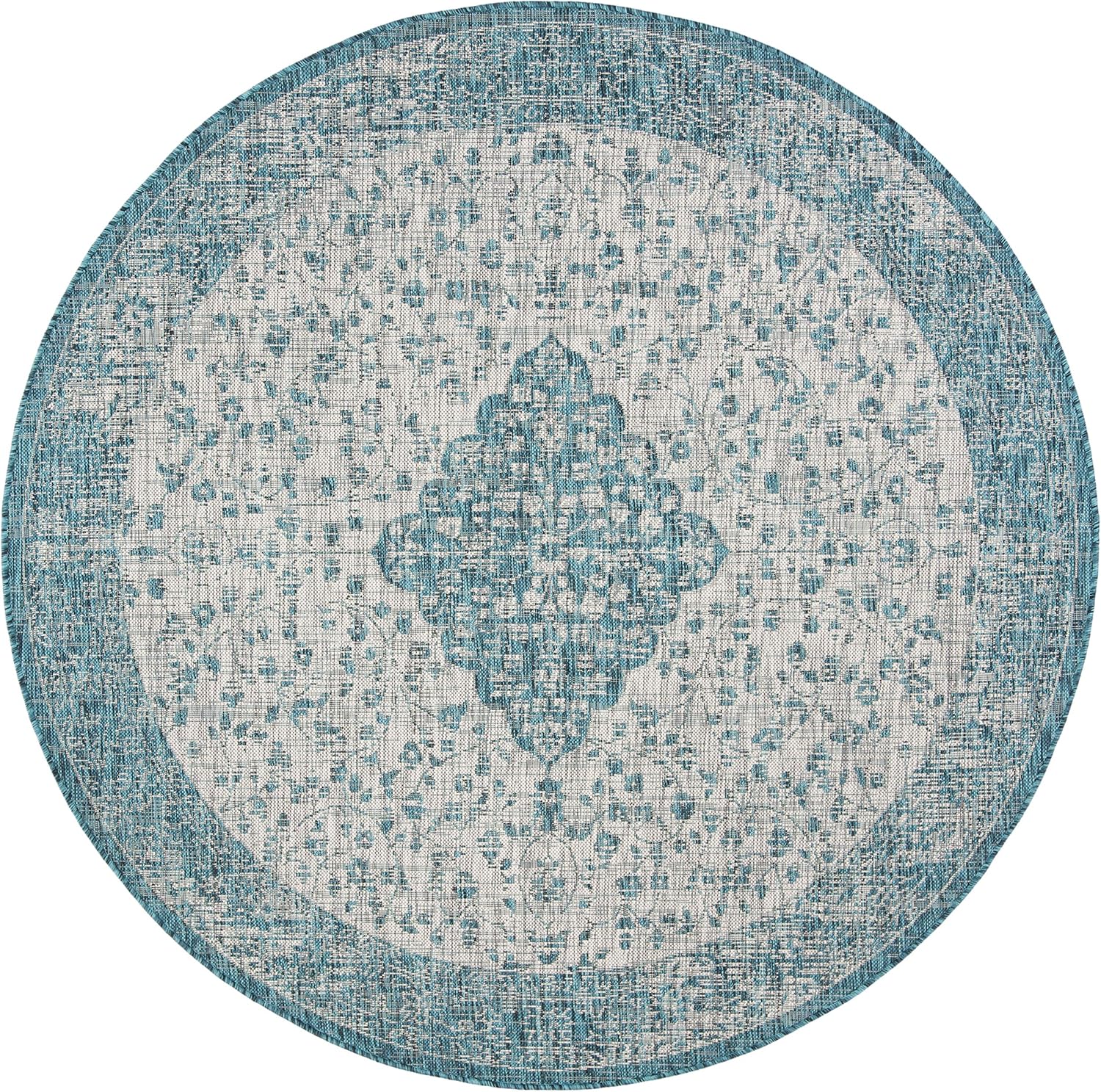 SAFAVIEH Courtyard Collection Area Rug - 6'7" Round, Teal & Cream, Non-Shedding & Easy Care, Indoor/Outdoor & Washable-Ideal for Patio, Backyard, Mudroom (CY8720-372)