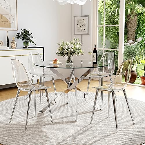 Miniatura 2 de Juego de mesa de comedor de cristal redondo transparente para 4, juego de mesa de cocina circular de 5 piezas, juego de mesa de comedor circular