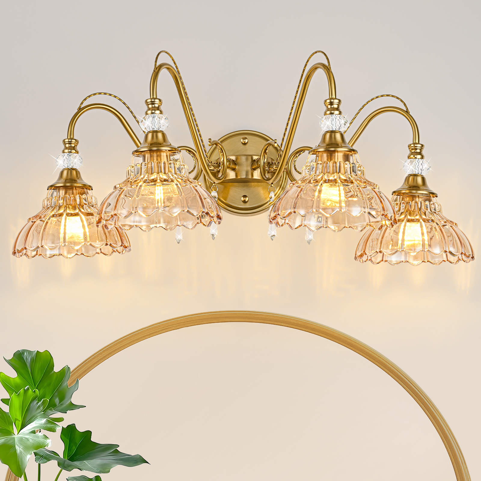 Image of Vintage Bathroom Vanity Light, 4-Light Brushed Gold Finish Wall Sconce with Hanging Crystal Accents and Flower-Shaped Amber Glass Shades, Retro Wall Mount Vanity Light Over Mirror for Bathroom