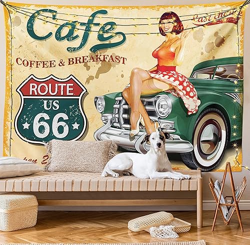 Miniatura 9 de Lunarable Route 66 Tapestry, Cafe Diner Sign Vintage Lady Sitting on a Car Highway Nostalgic Grunge Theme, Wide Wall Hanging for Bedroom Living Room