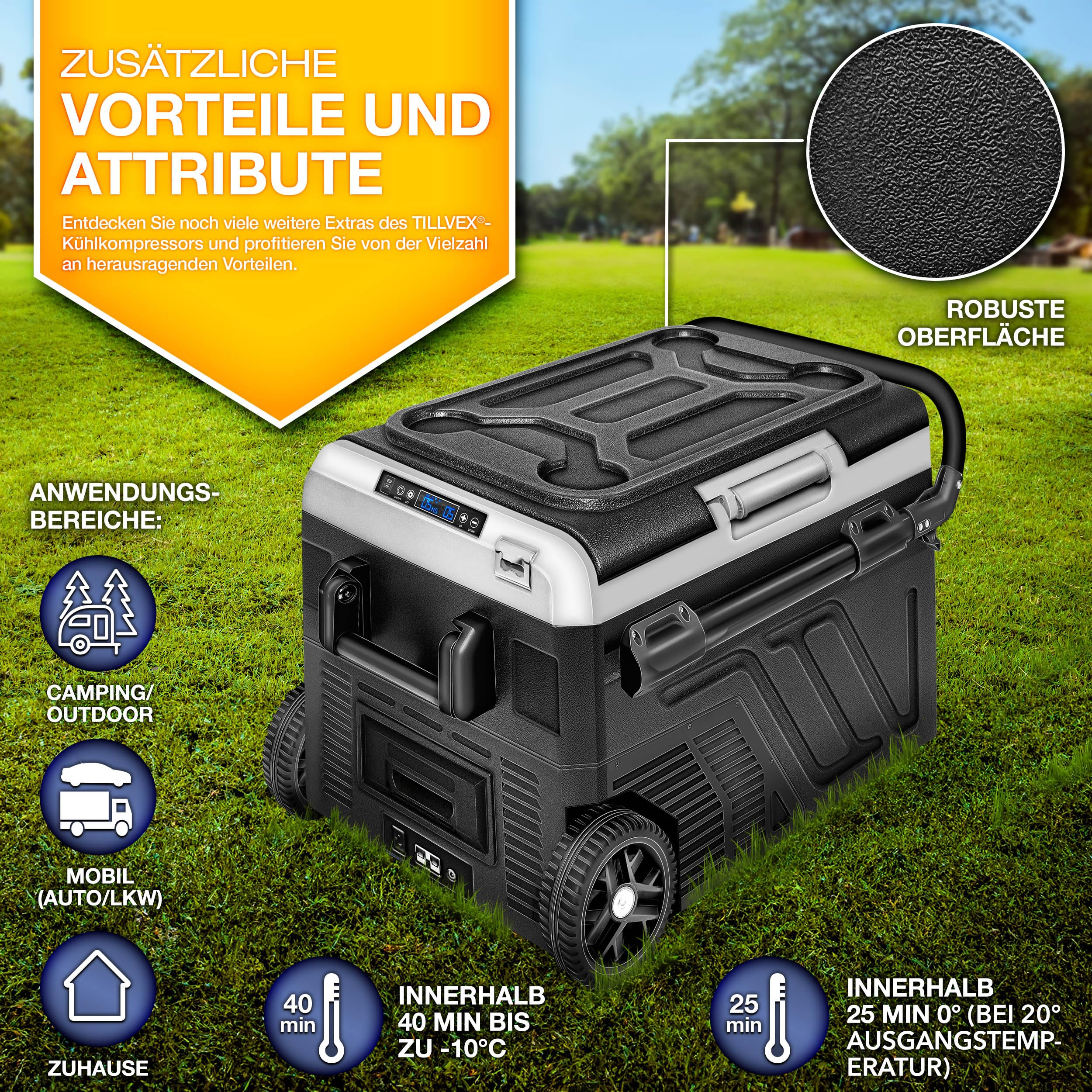 tillvex® Kompressor Kühlbox elektrisch 40-60 Liter | Elektrische Gefrierbox WIFI-APP-Steuerung 12/24 V 230V | Kühlschrank bis -20 °C für Auto, Lkw, Camping (Schwarz, 50 Liter - mit Akku)