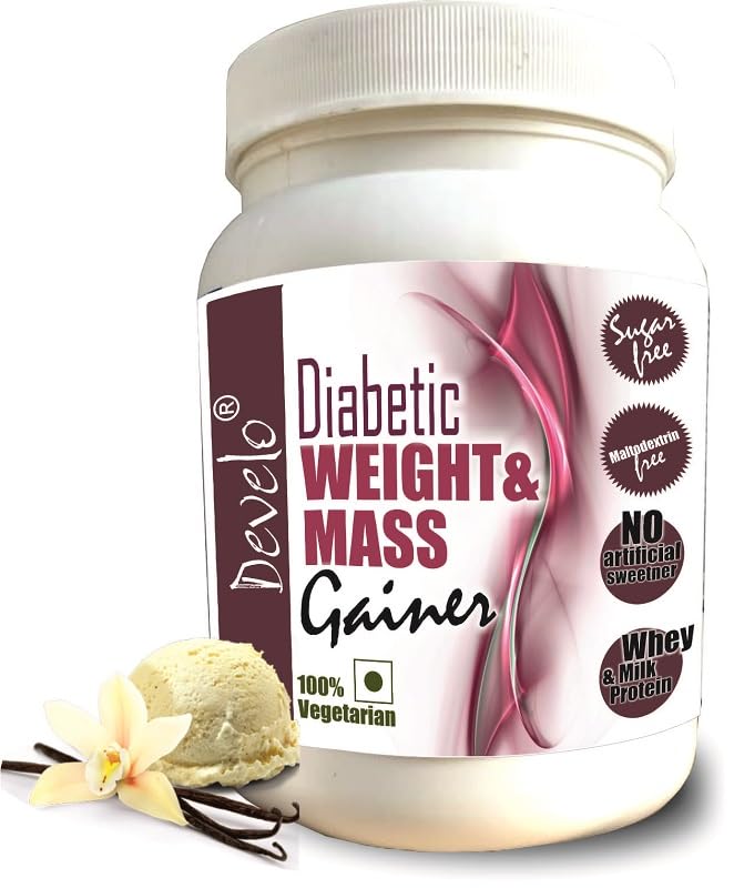 DEVELO Weight & Mass Gainer For Diabetics, Sugar Free Supplement For Diabetes Care, Weight & Muscle Gain – 1Kg Vanilla, Powder