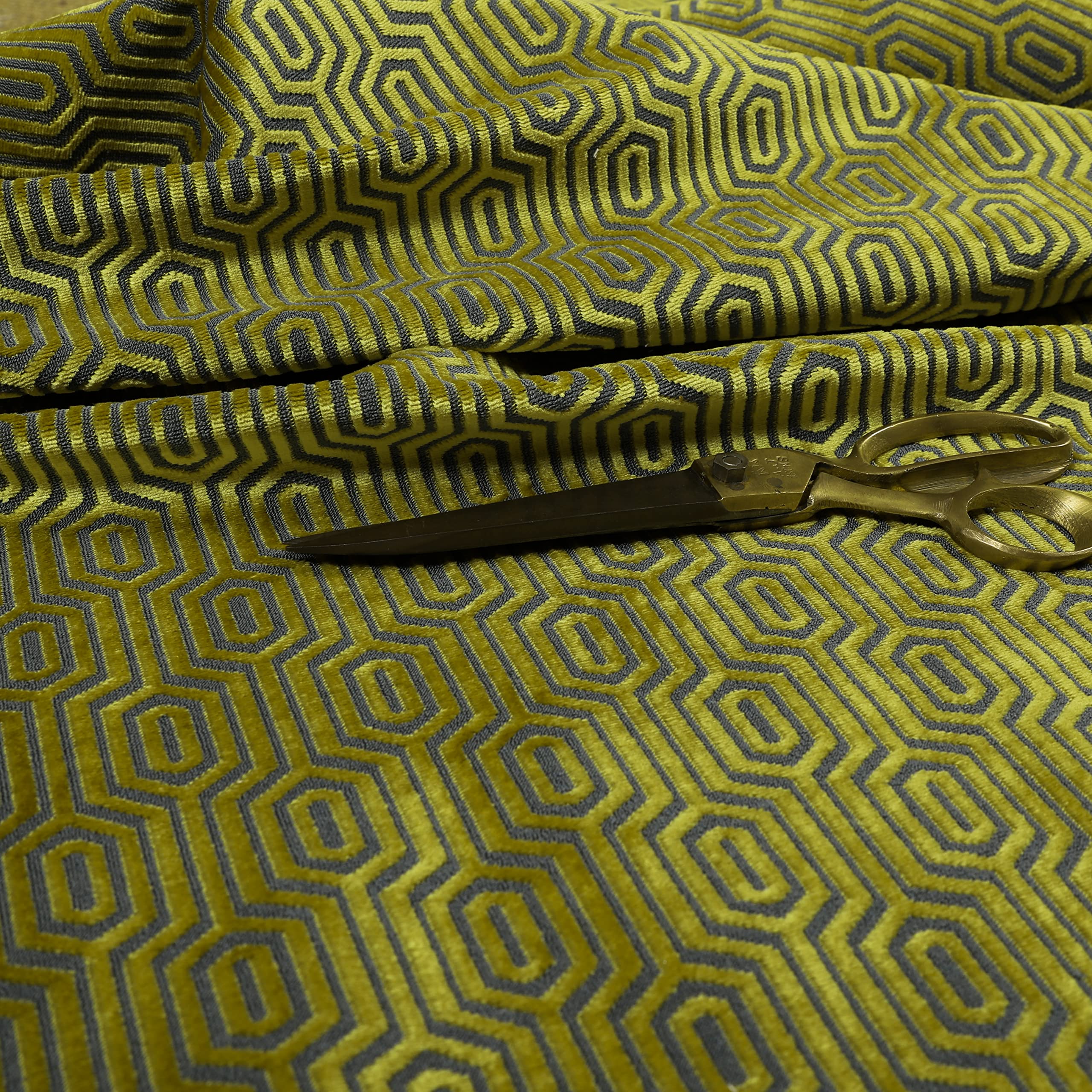 Redbrick Mill Fabrics Flame Retardant Geometric Pattern Velvet Upholstery Fabric by The Metre for Curtains, Chairs and Soft Furnishings, Yellow (Per Metre) — image 1
