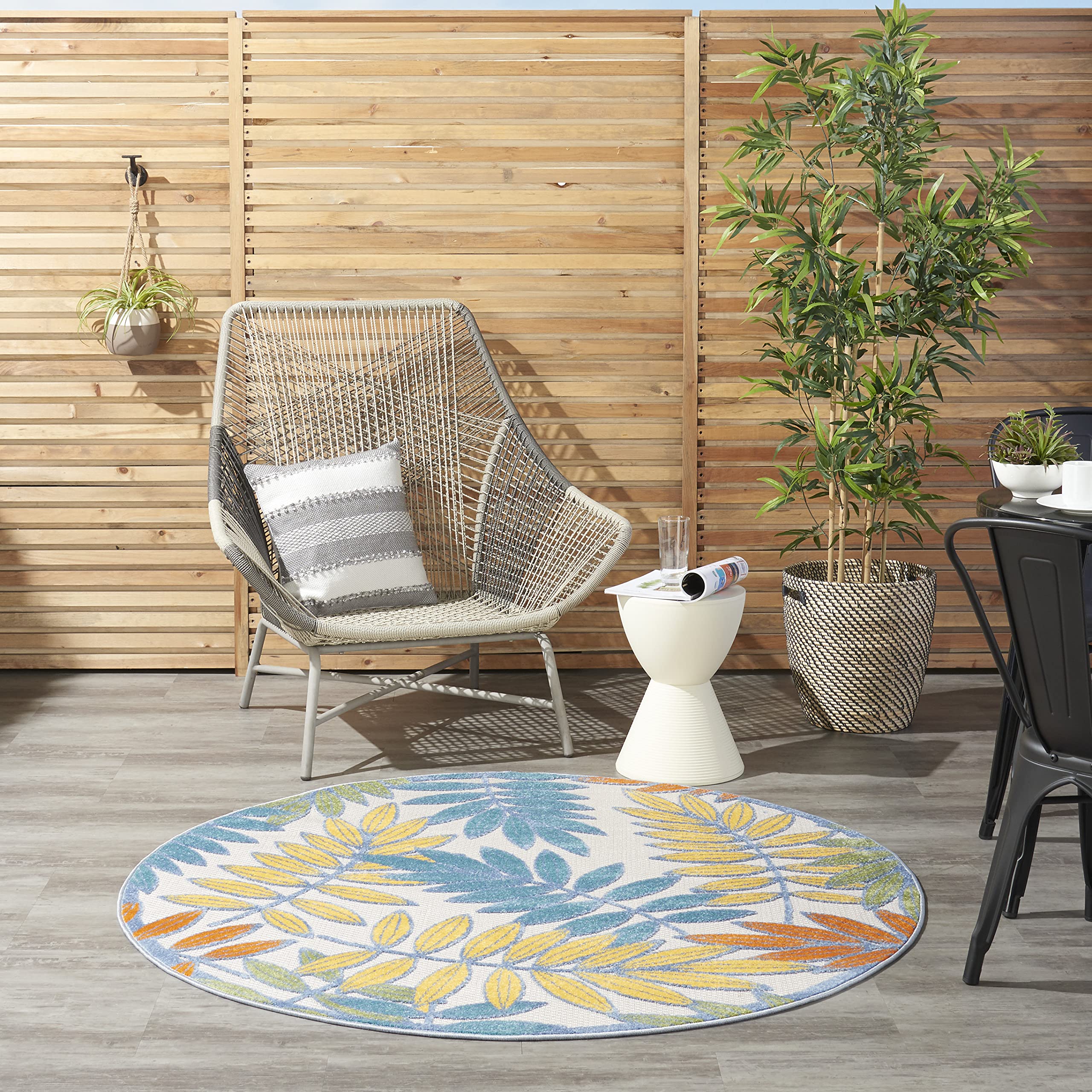 Nourison Aloha Indoor/Outdoor Tropical Botanical Ivory/Multi 5'3" x Round Area Rug, (5' Round)