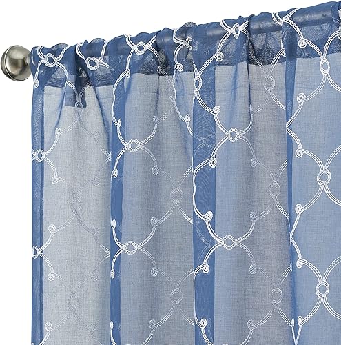 Miniatura 6 de Creative Home Ideas Cortinas transparentes (2 paneles, 38 x 63 pulgadas, azul), paneles de cortina geométricos bordados con alzapaños, cortinas con