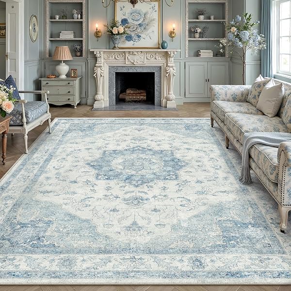 PureCozy Vintage Dywany Do Salonu Niebieski 200x300cm Zmywalne Dywan | Antypoślizgowy Dywanowa,Zmywalne Rugs,Sypialni Dy