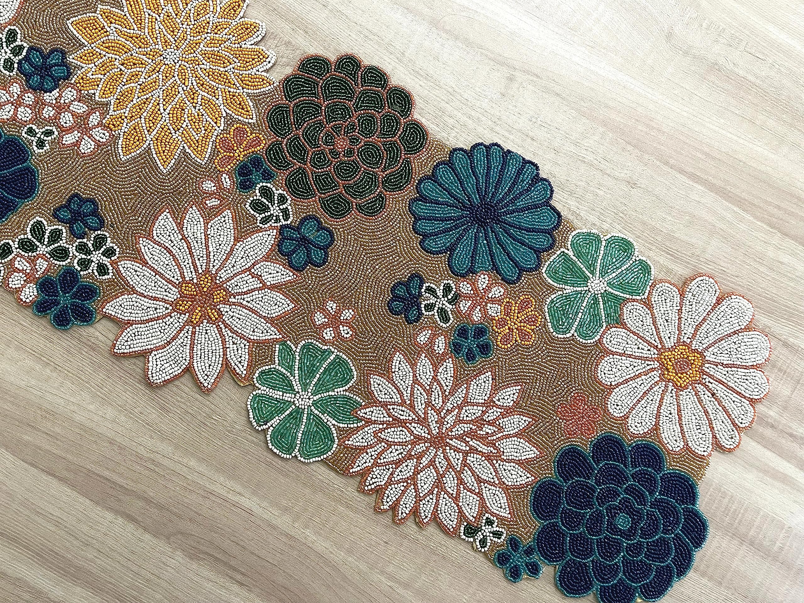 Enliven Ręcznie robiony bieżnik na stół, bieżnik z koralikami, dekoracja stołu w kwiatowy wzór, 33 x 91 cm, wielokolorowy