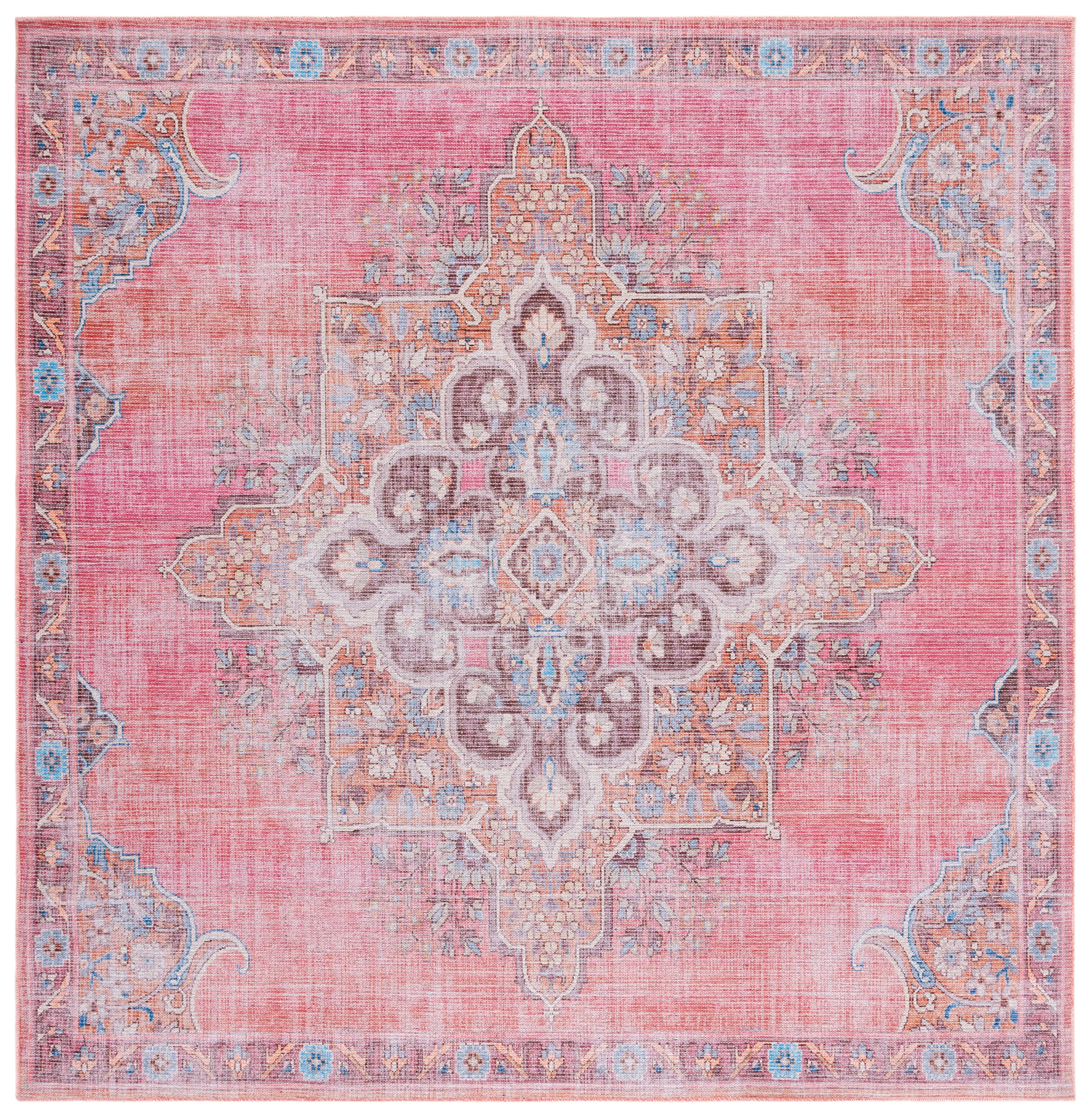 SAFAVIEH Washable Rug Serapi Collection - 5'3" Square, Pink & Beige, Slip Resistant & Easy to Clean, Ideal for Living Room, Bedroom, Dining Space (
