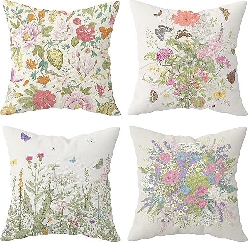 weesire Juego de 4 fundas de almohada florales para decoración de verano y primavera, color verde salvia, fundas de cojín decorativas de algodón