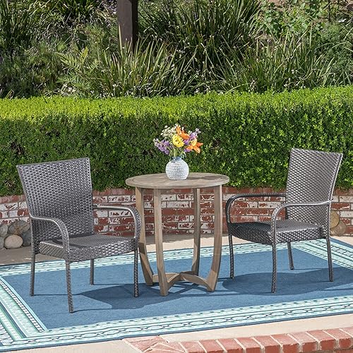 Jared Outdoor 3 Piece Wood and Wicker Bistro Set, Gray