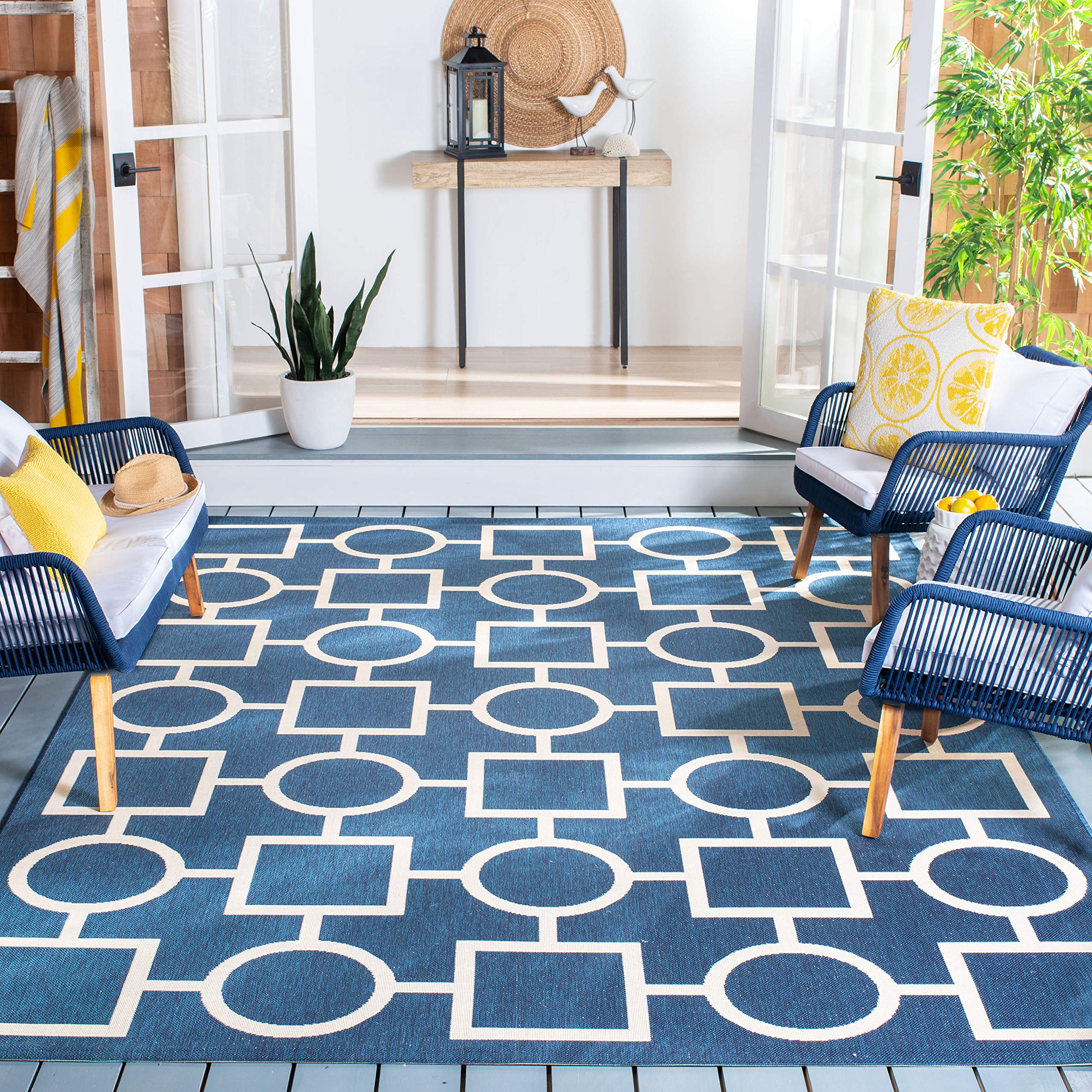 SAFAVIEH Washable Rug Outdoor Courtyard Collection - 6'7" Square, Navy & Beige, Non-Shedding & Easy Cleaning, Ideal for Patio, Backyard, Mudroom (