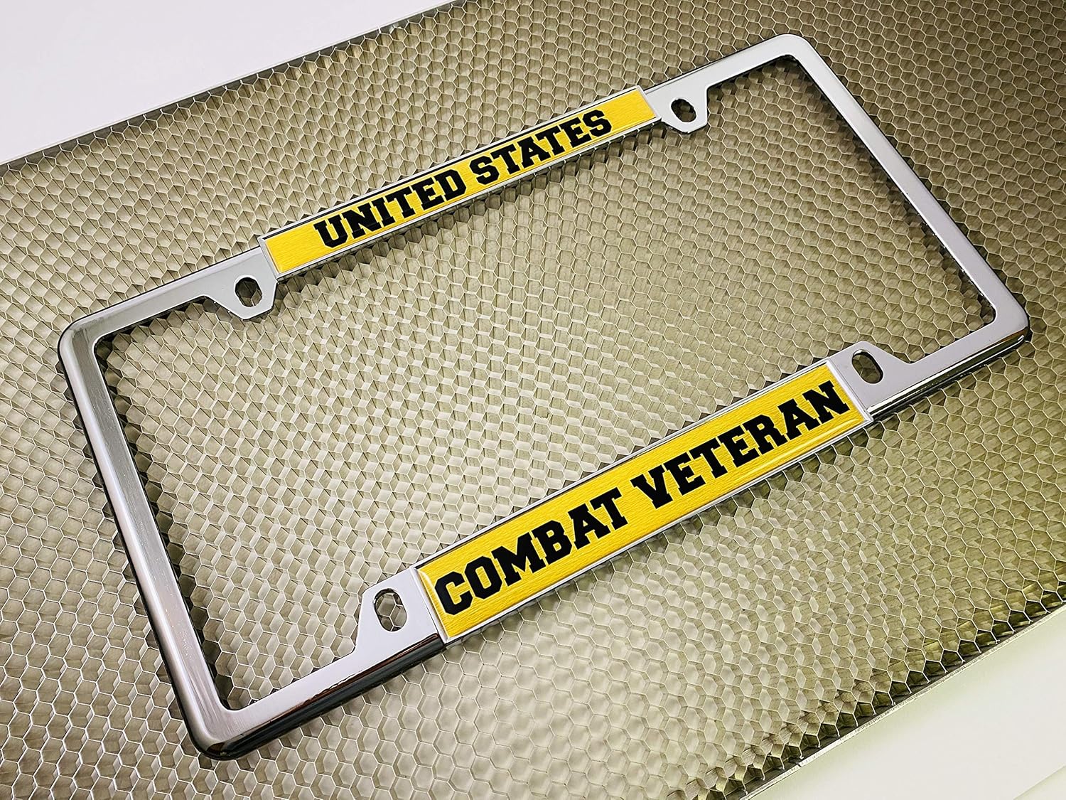 U.S. Combat Veteran - Domed Custom-Made Personalized Narrow (Thin) Top 4 Hole Metal Car License Plate Frame with Free caps - Chrome (Quantity: 1 Frame)