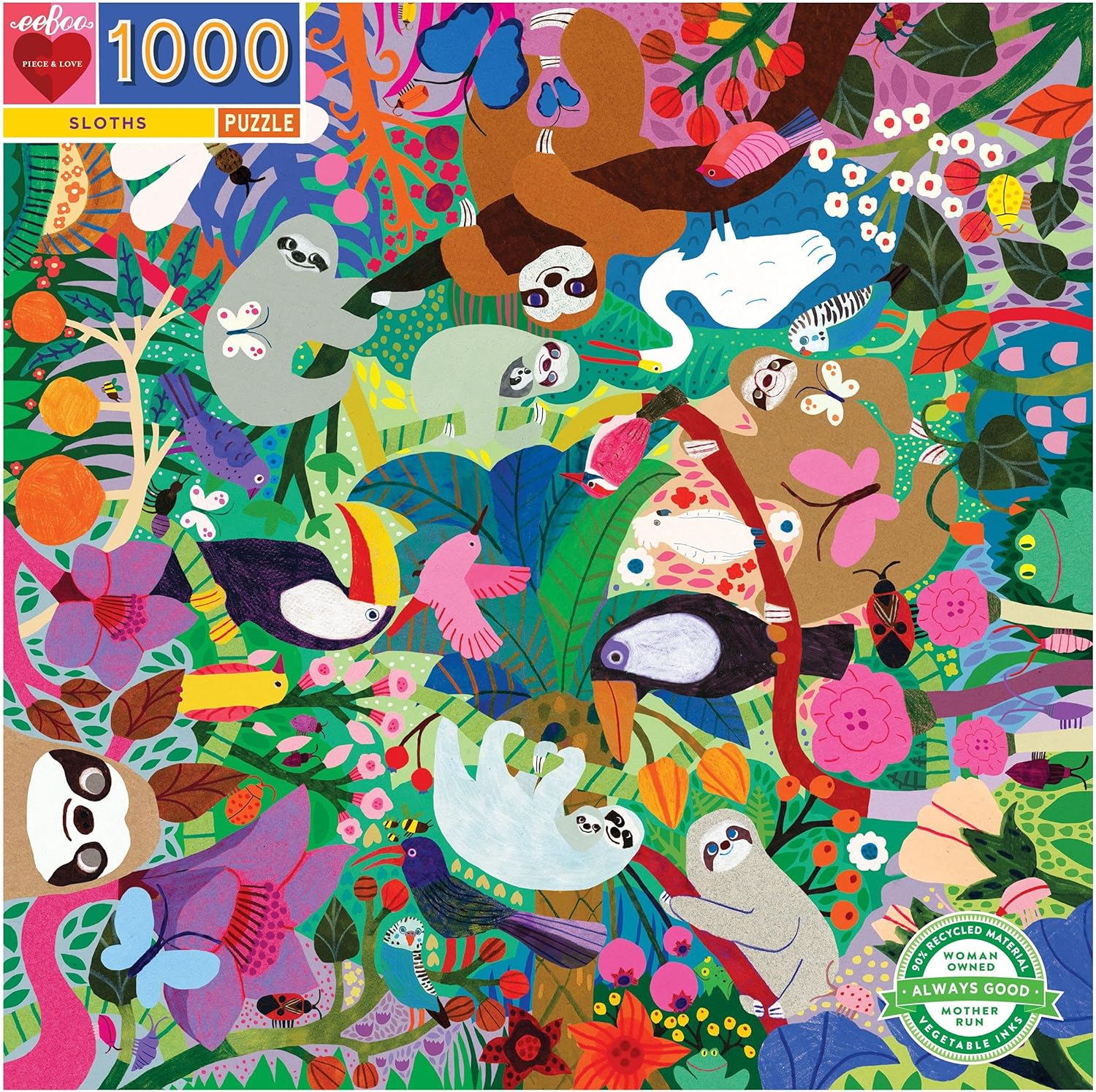 eeBoo: Piece and Love Sloths 1000 Piece Square Adult Jigsaw Puzzle, Puzzle for Adults and Families, Glossy, Sturdy Pieces and Minimal Puzzle Dust