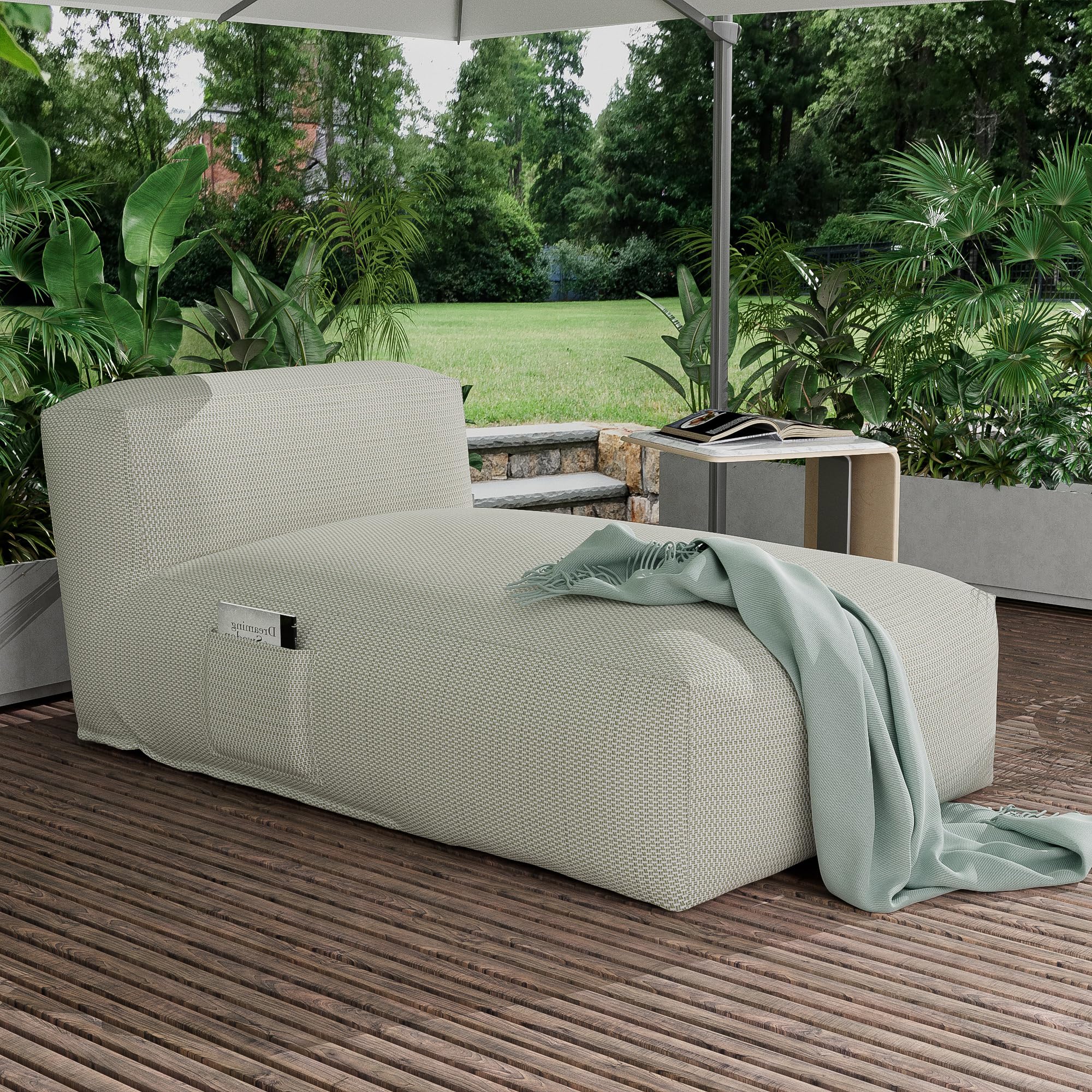 Dineli Chaise Lounge Chair Outdoor Bed Lounger Outdoor Couch Sofa for Pool Comfy Patio Furniture Foam Filling Bean Bed Chair Lazy Sofa for Outside, Water-Resistant Sunbed (Light Green, 59'' Length)