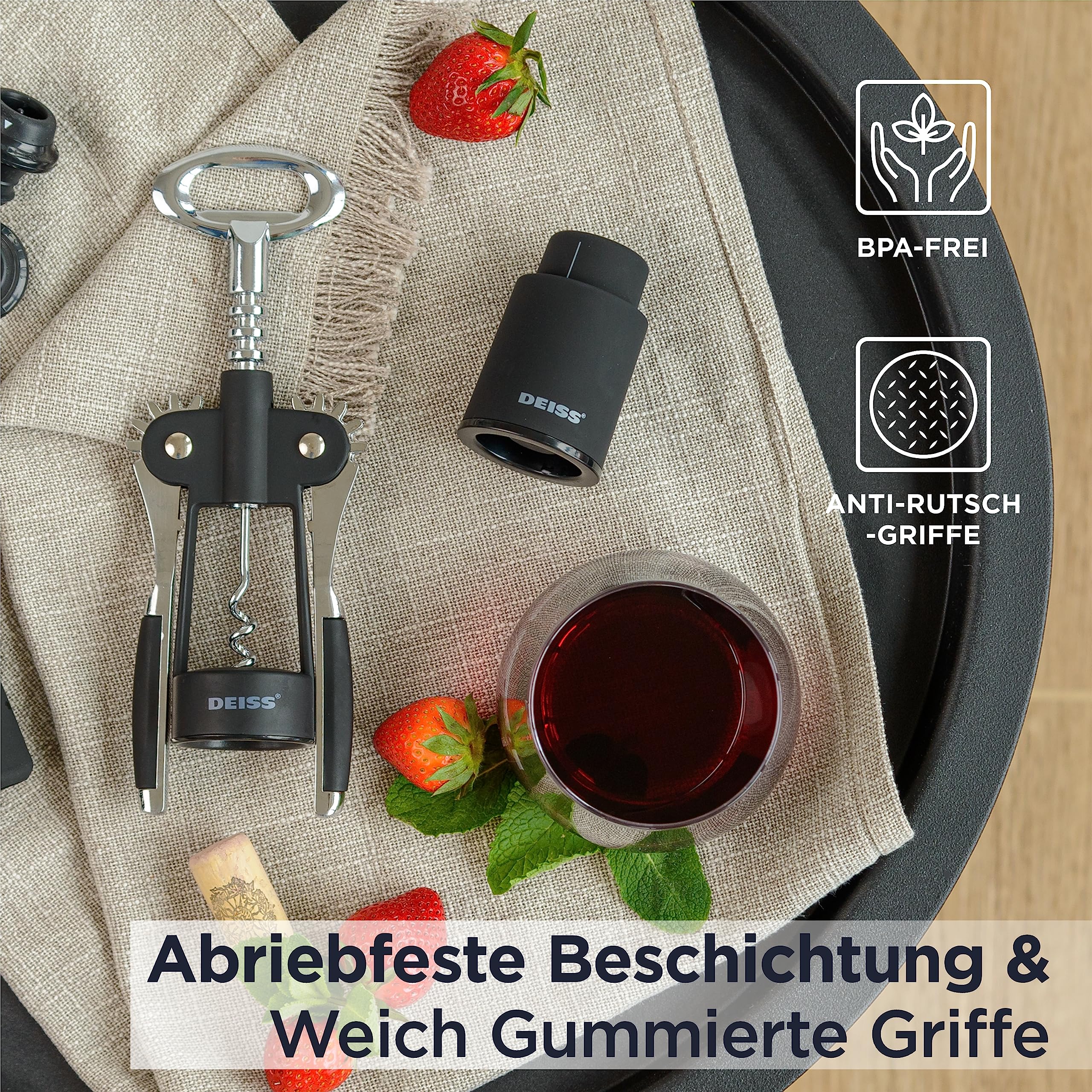 Deiss PRO Wing Korkenzieher-Weinöffner – 2-in-1-Weinkorkenzieher und Bieröffner – Die einfachste Art, Weinflaschenkorken zu öffnen – Zuverlässiger und stabiler Weinöffner – Weinflaschenöffner