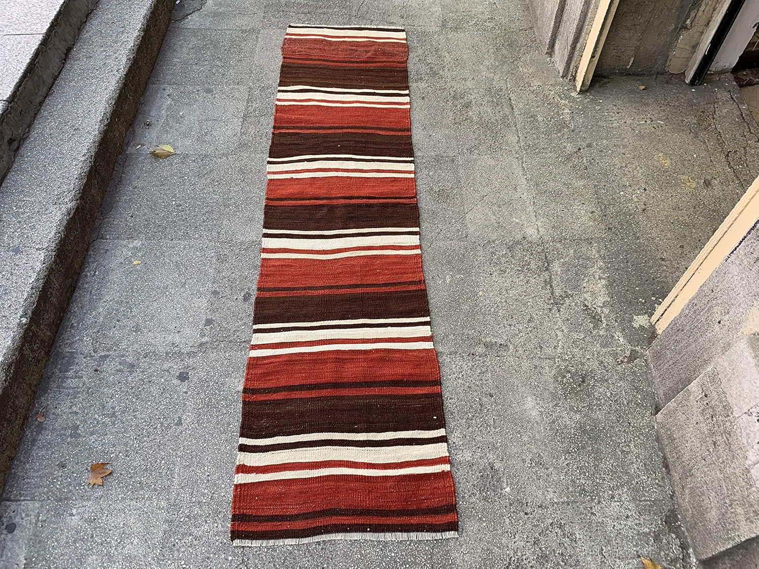 1.11x7.11 Feet Narrow Brown Red White Rug Runner Ethnic Rug