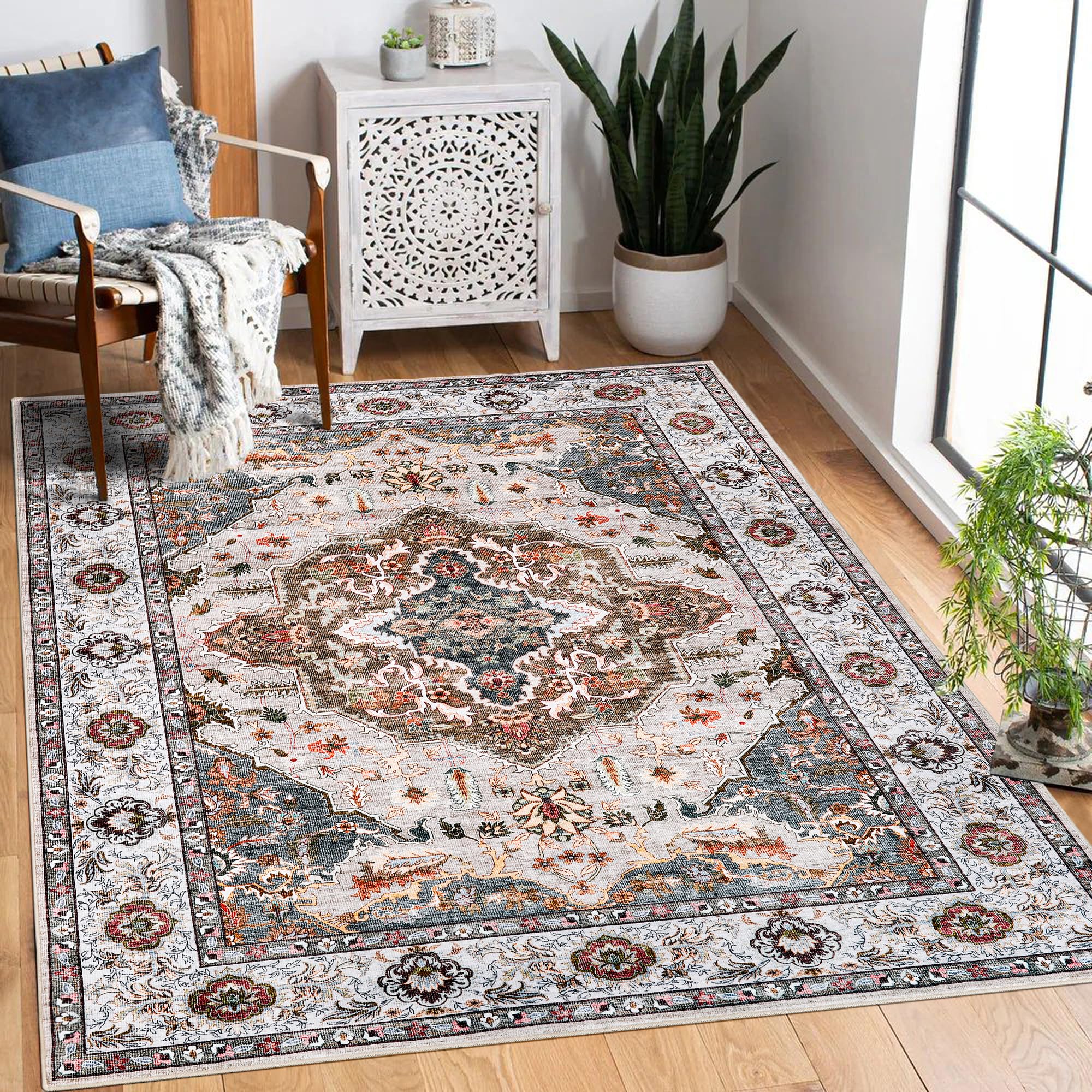 ORYNTREX Machine Washable 3x5 Area Rug Boho Vintage Design Rug for Living Room Soft Rug Indoor Non-Slip Low