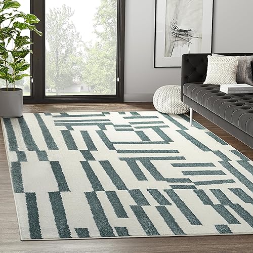 Miniatura 1 de Abani Deco Collection - Alfombra de área, diseño de líneas modernas cremaverde, 7 pies 9 pulgadas x 10 pies 2 pulgadas, fácil de limpiar, duradera