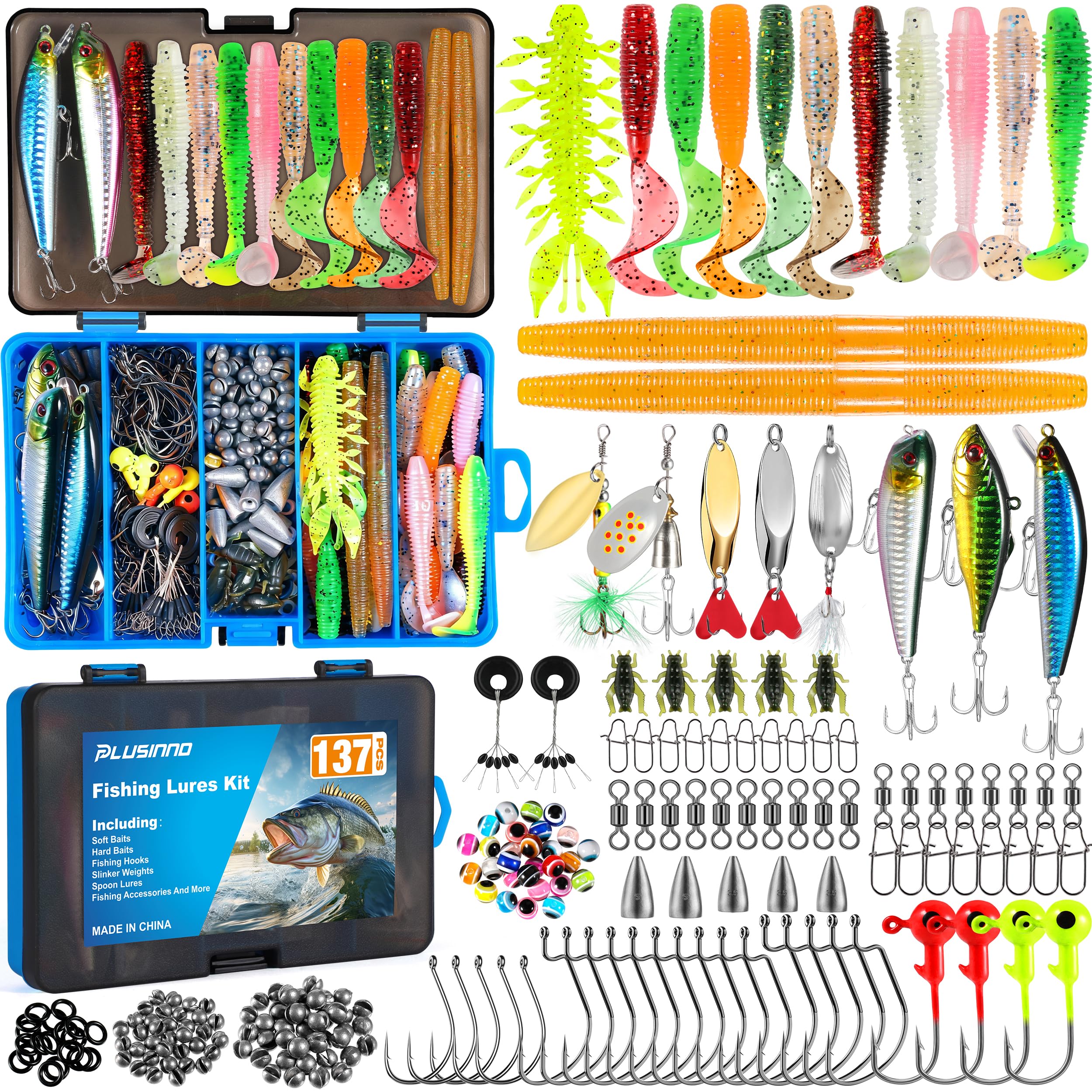 PLUSINNO Fishing Lures, 137Pcs Tackle Box with Tackle Included, Crankbaits, Spoon, Hooks, Weights & Other Accessories, Fishing Bait Lure Gear Kit Gift for Men Bass Freshwater