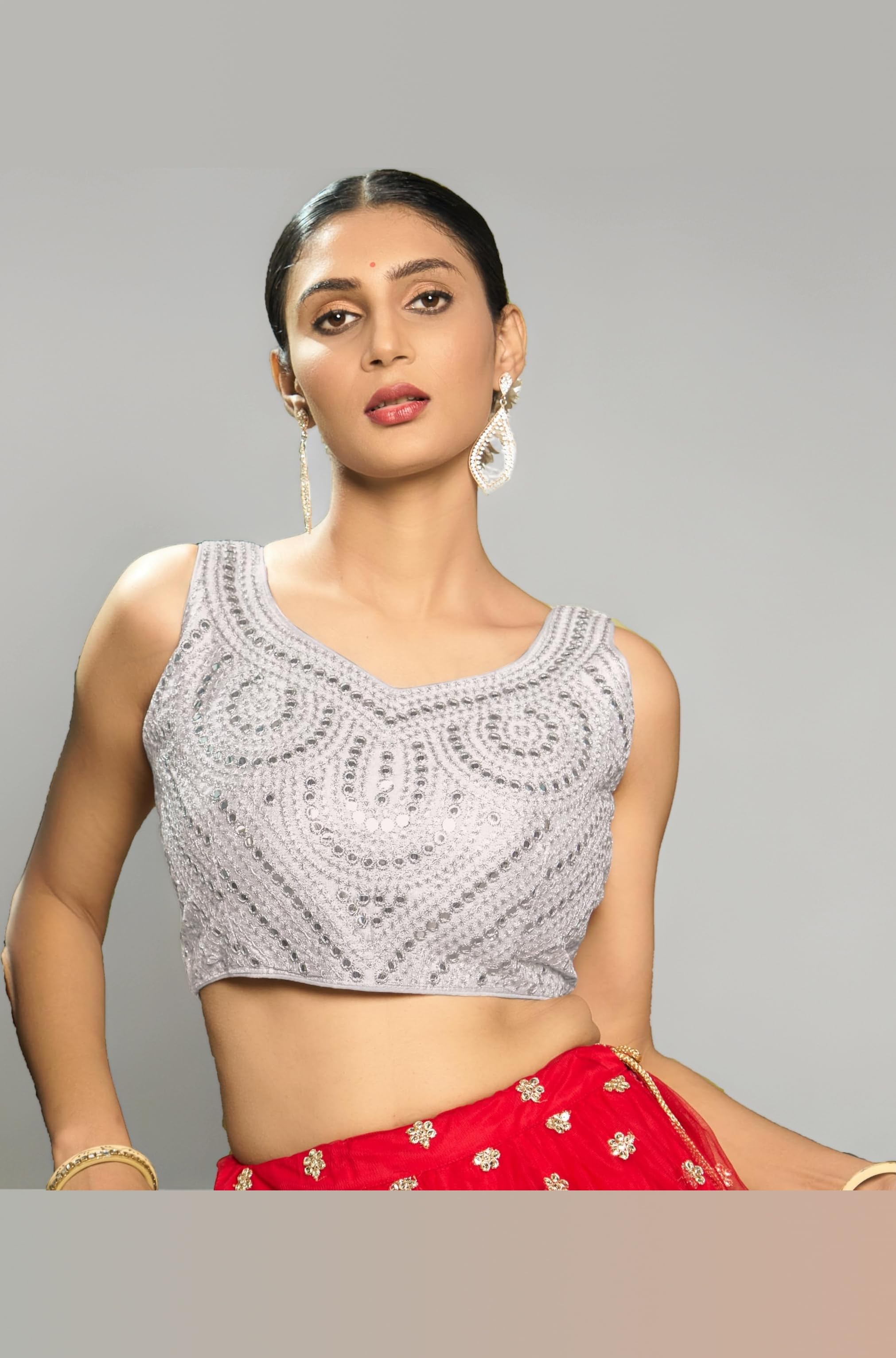 Fancy Women's foil Mirror and Thread Zari Work Sweetheart Neck Silk Sleeveless Blouse (PC Bindi Foil Parent) (White-Silver Zari, 38)