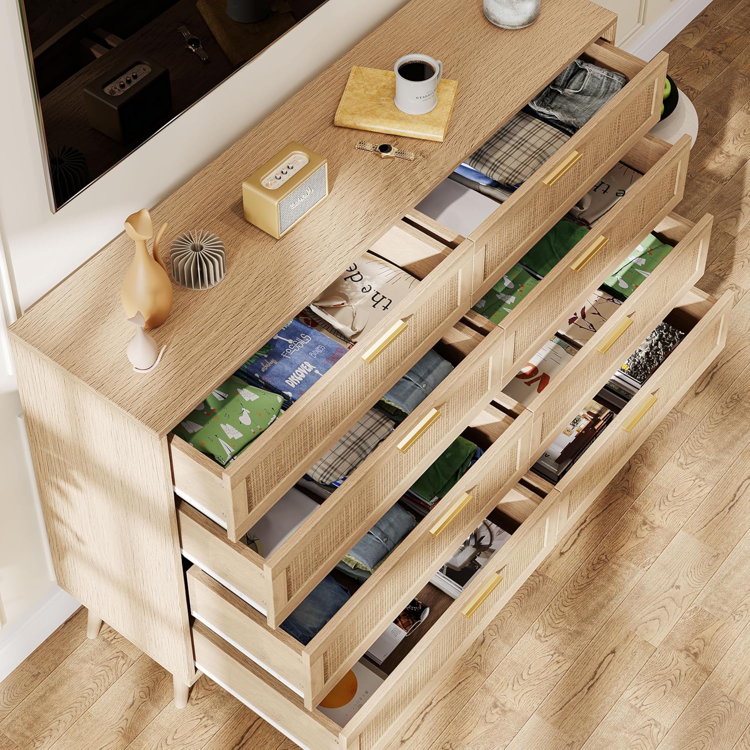 トップダウン view of the dresser with drawers open, showing internal storage capacity