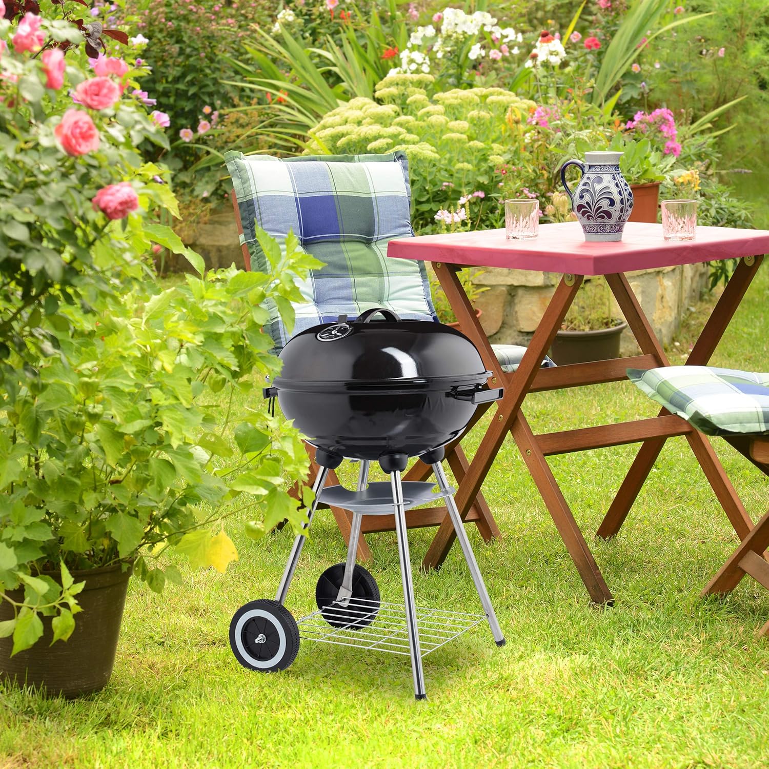 Relaxdays Barbecue a Sfera con Coperchio, Ripiano e Raccogli Cenere, Pieghevole e Portatile, Griglia da ∅ 40 cm, Nero Relaxdays Barbecue a Sfera con Coperchio, Ripiano e Raccogli Cenere, Pieghevole e Portatile, Griglia da ∅ 40 cm, Nero