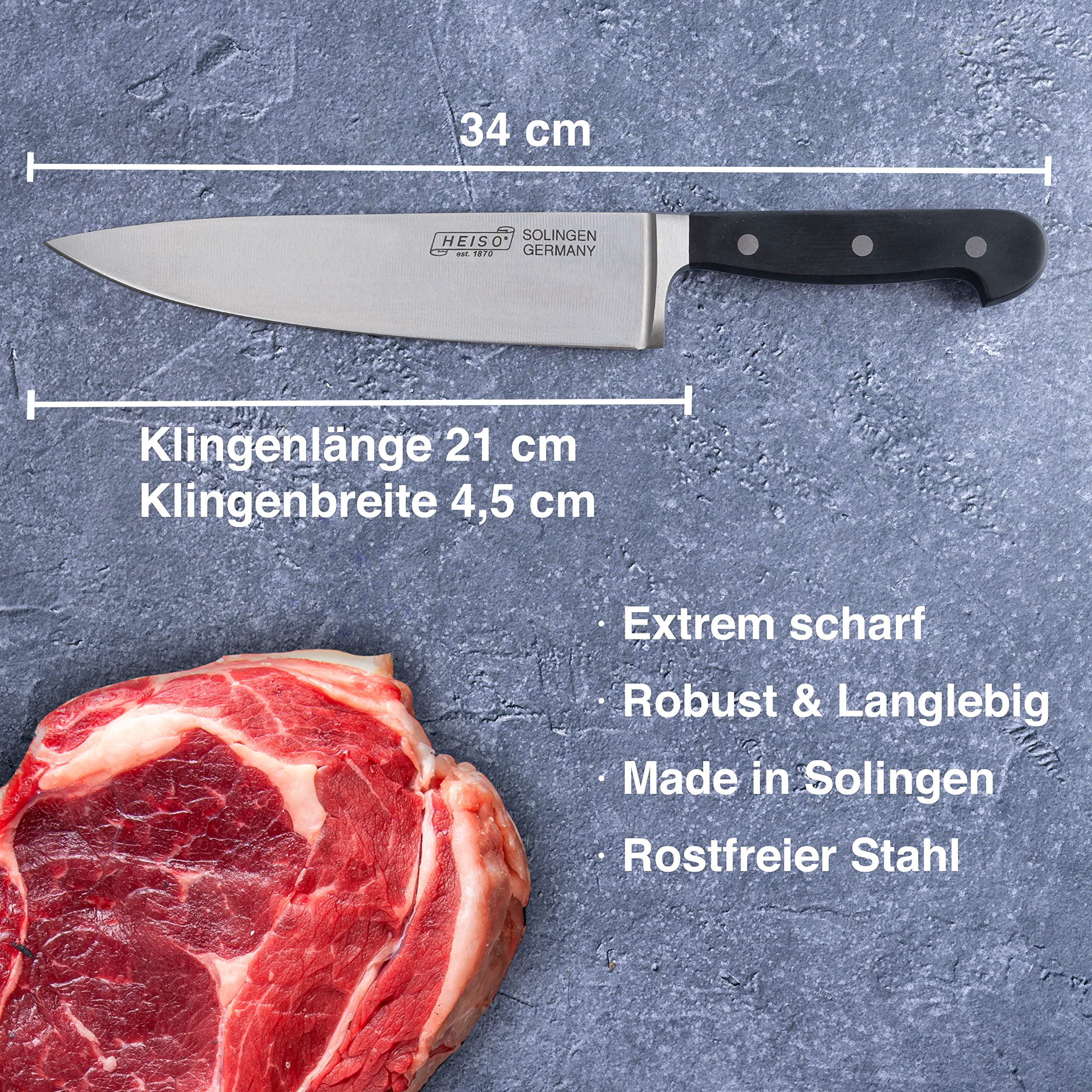 HEISO Kochmesser - handgeschmiedet in Solingen - rostfreie 21cm Klinge - Chefmesser mit extremer Schärfe - mit kostenlosem Nachschleifservice