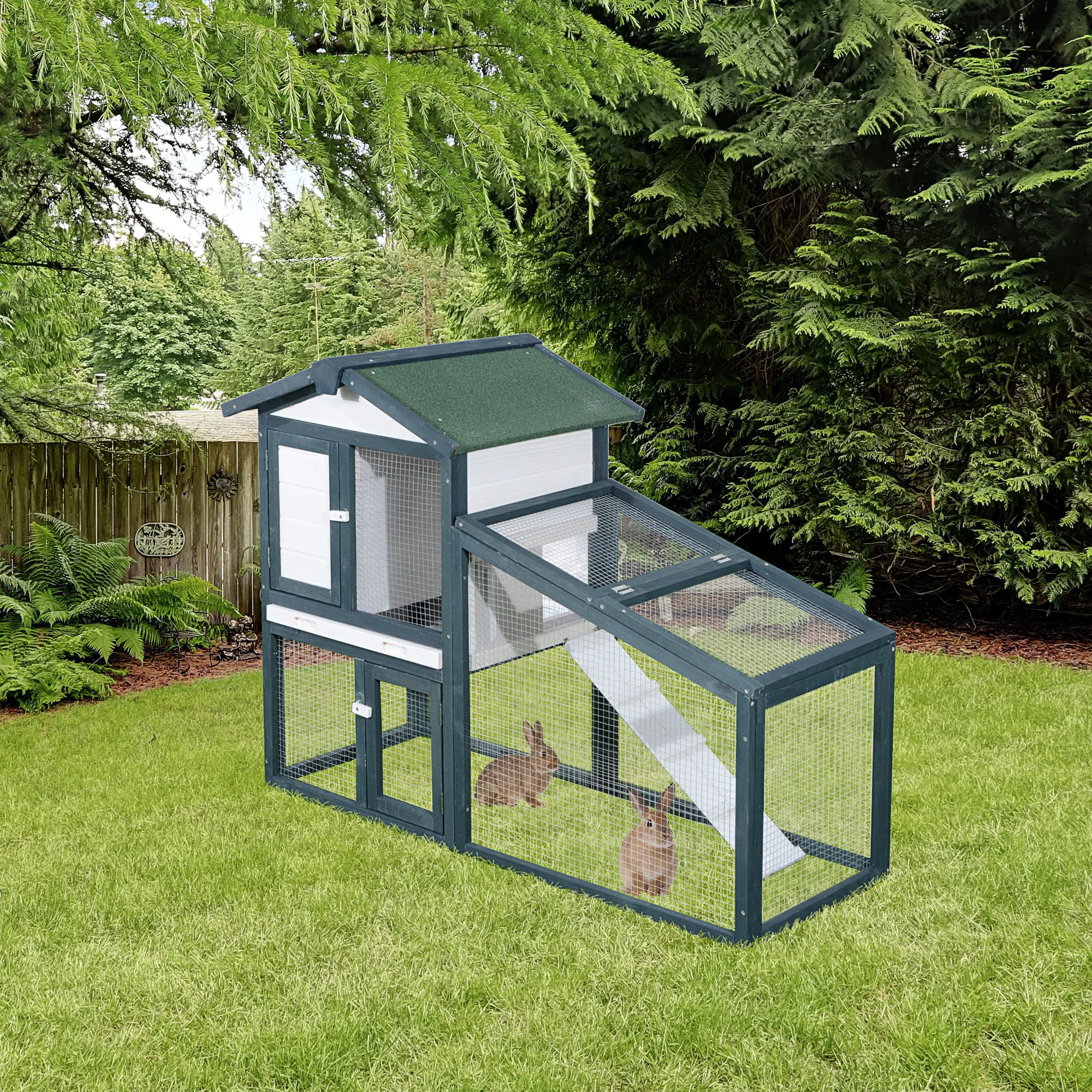 PawHut Gabbia per Conigli Animali in Lengo di Abete Doppia Porta 140 x 65 x 100cm Verde e Bianco