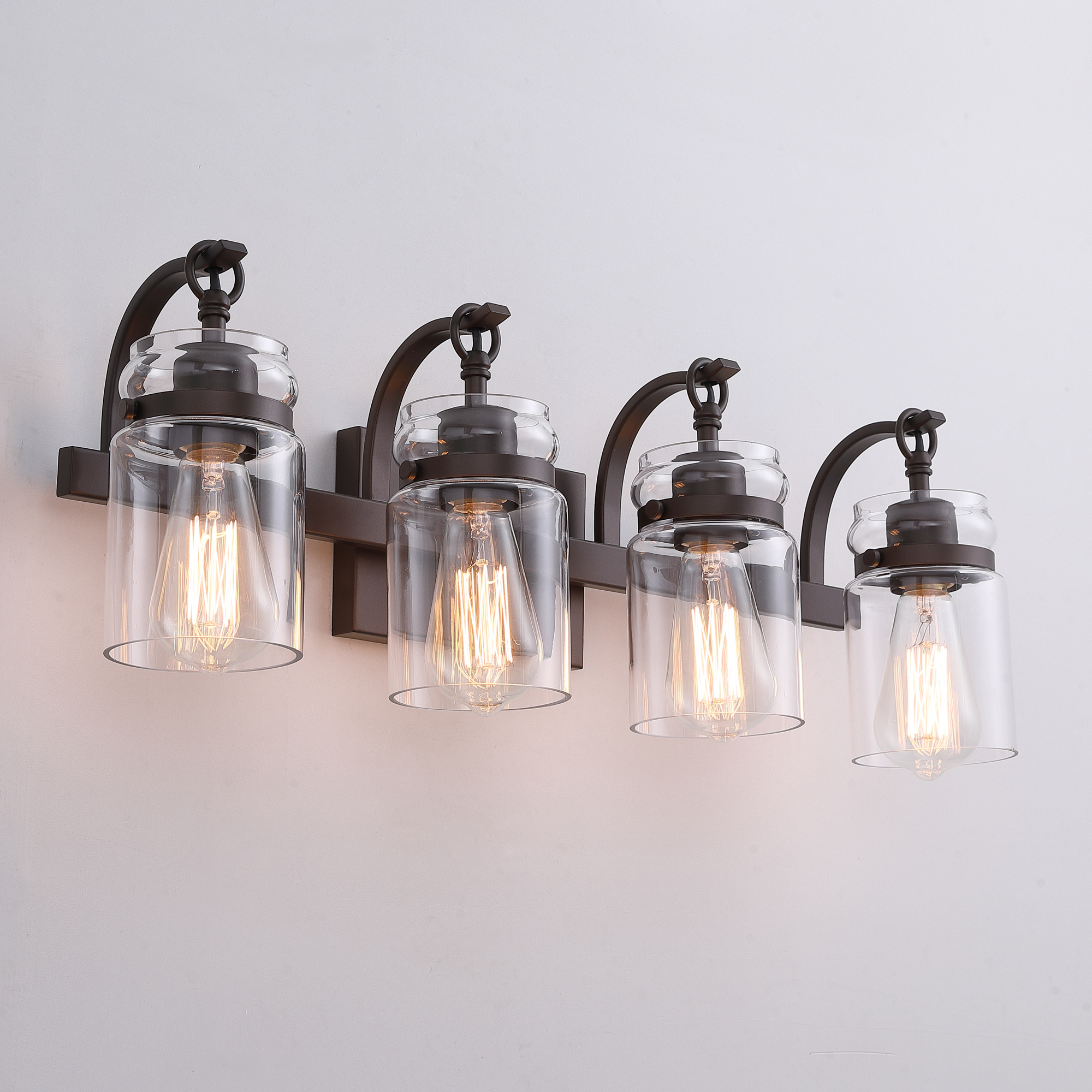 Image of 4 Light Bathroom Vanity Light, Oil Rubbed Bronze Bathroom Light Fixtures Over Mirror, Farmhouse Vanity Light with Clear Glass Shade