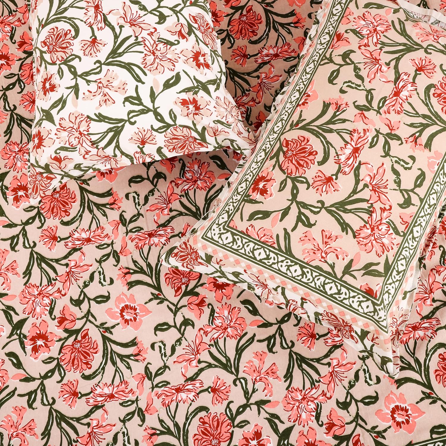 Plarsh Comfort 100% Cotton Jaipuri Sanganeri Hand Block Print 240 TC Bedsheet For Double Bed With 2 Pillow Covers || 240 Thread Count || Size 108 X 108 Inches || Peach Floral Plarsh Comfort 100% Cotton Jaipuri Sanganeri Hand Block Print 240 TC Bedsheet For Double Bed With 2 Pillow Covers || 240 Thread Count || Size 108 X 108 Inches || Peach Floral