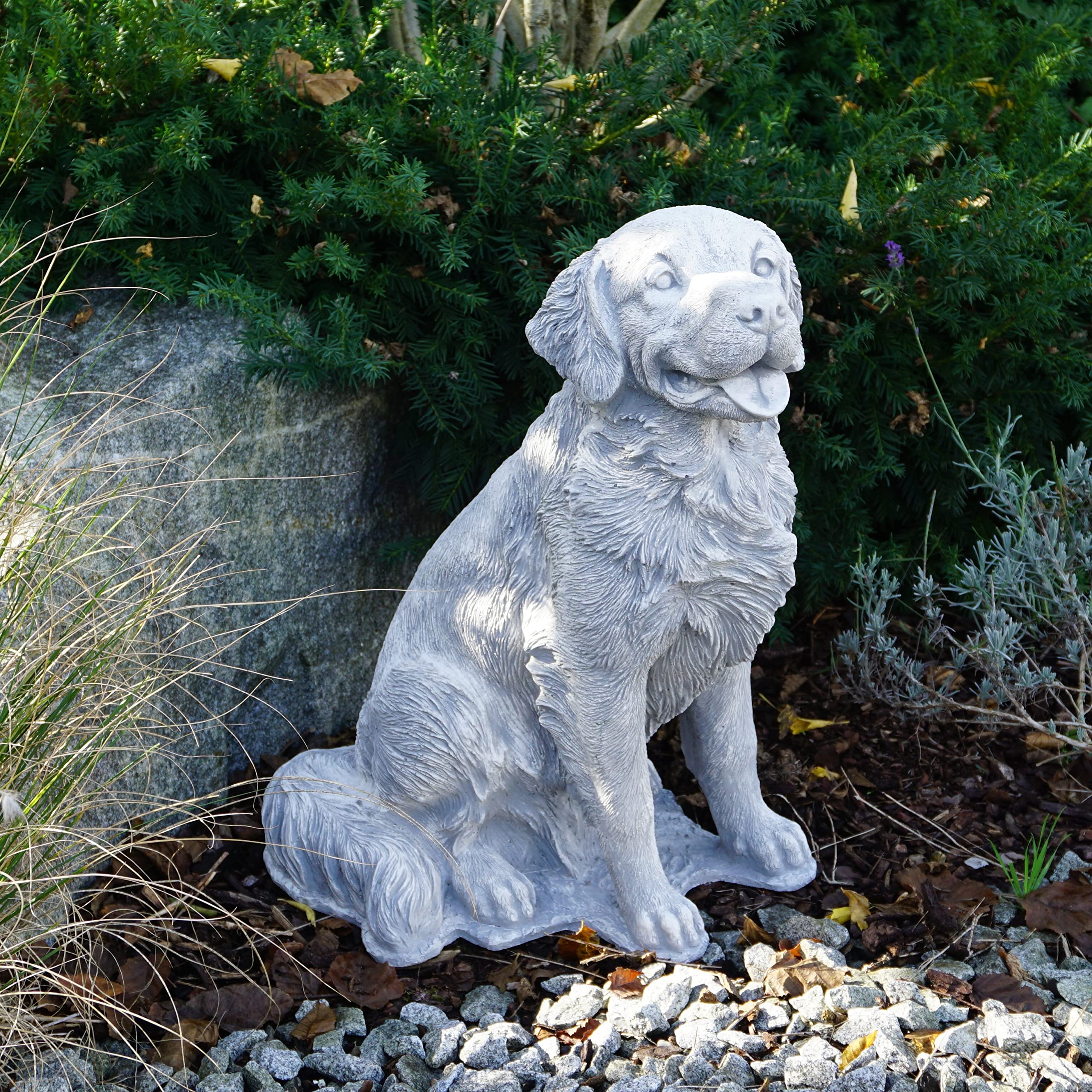 Golden Retriever Statue Aus Steinguss – 53 Cm Hoch, 36 Kg, Frostsicher Für Den Garten, Graue Patina