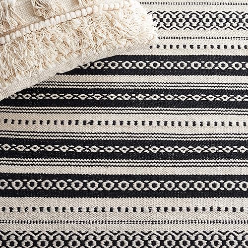 Miniatura 7 de SAFAVIEH Montauk Collection - Alfombra decorativa de 3 x 5 pies, color negro y marfil, tejido plano, diseño de algodón a rayas estilo bohemio, fácil