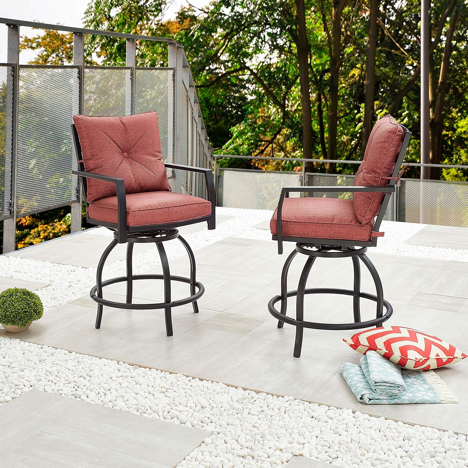 LOKATSE HOME 2 Pieces Outdoor Swivel Chair Set Patio Bar Bistro Furniture Metal Height Stools with Cushion, Beige
