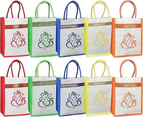 Miniatura 6 de Bolsas de yute ecológicas con estampado Ganesh  10 x 8 pulgadas  Bolsa de playa, reutilizable y biodegradable  Perfecto para regalos, regalos de