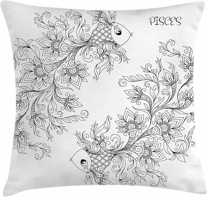 Ambesonne Zodiac Throw Pillow Cushion Cover, Floral Images Pisces Sign Fish House of The Water Element Sensitivity Planet Sign, Decorative Square Accent Pillow Case, 26