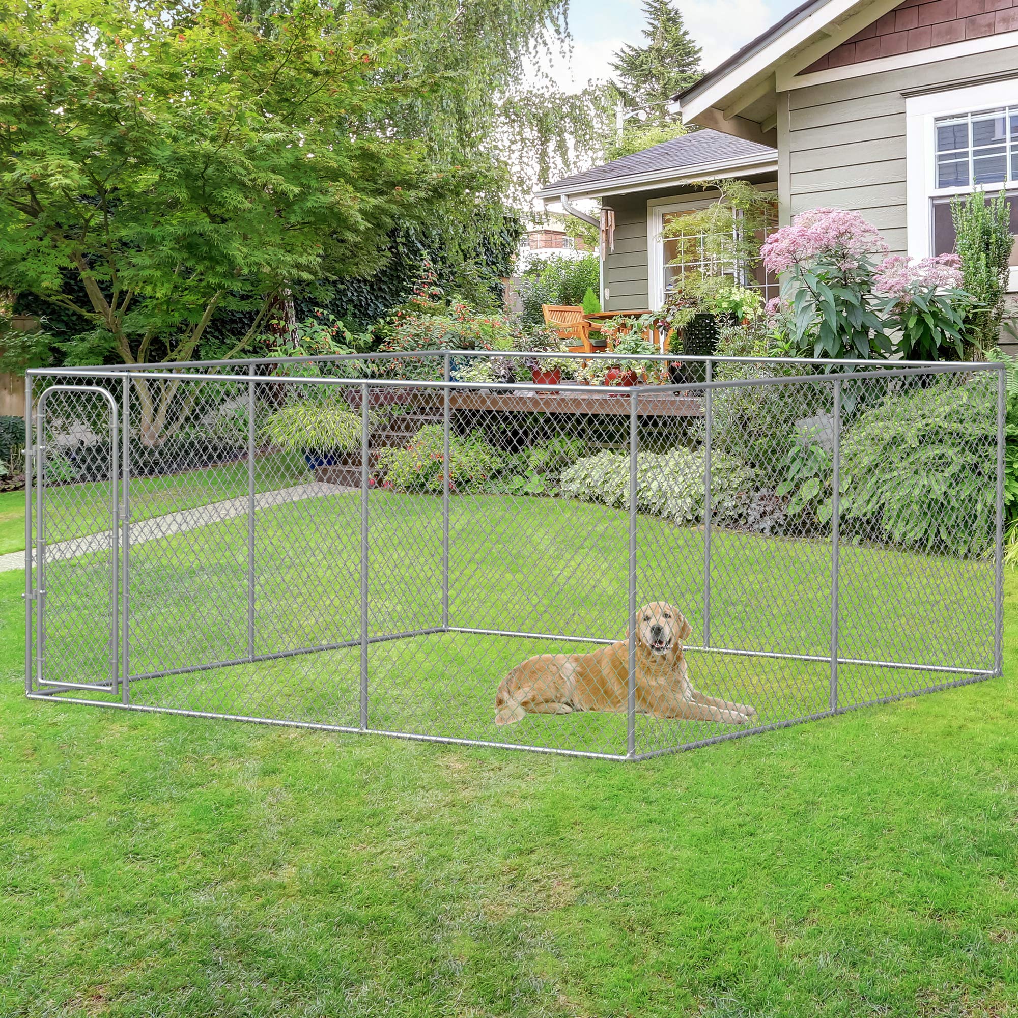 PawHut Outdoor Dog Kennel Galvanized Chain Link Fence Heavy Duty Pet