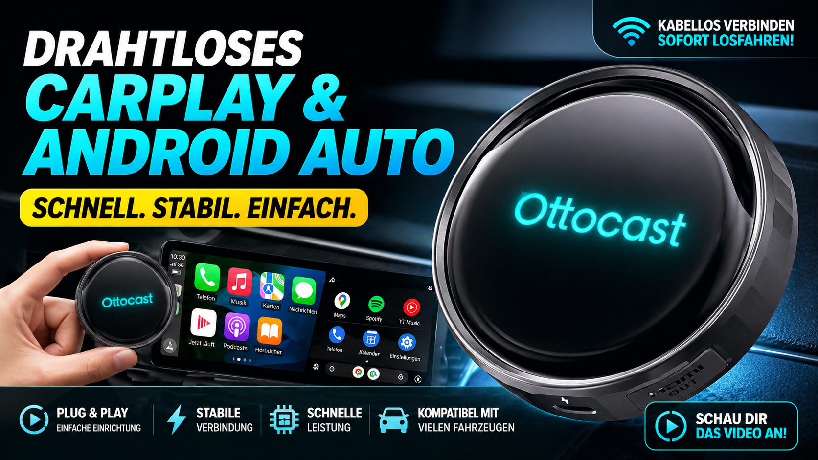 Ottocast P3 Pro, Wireless CarPlay & Android Auto Adapter mit