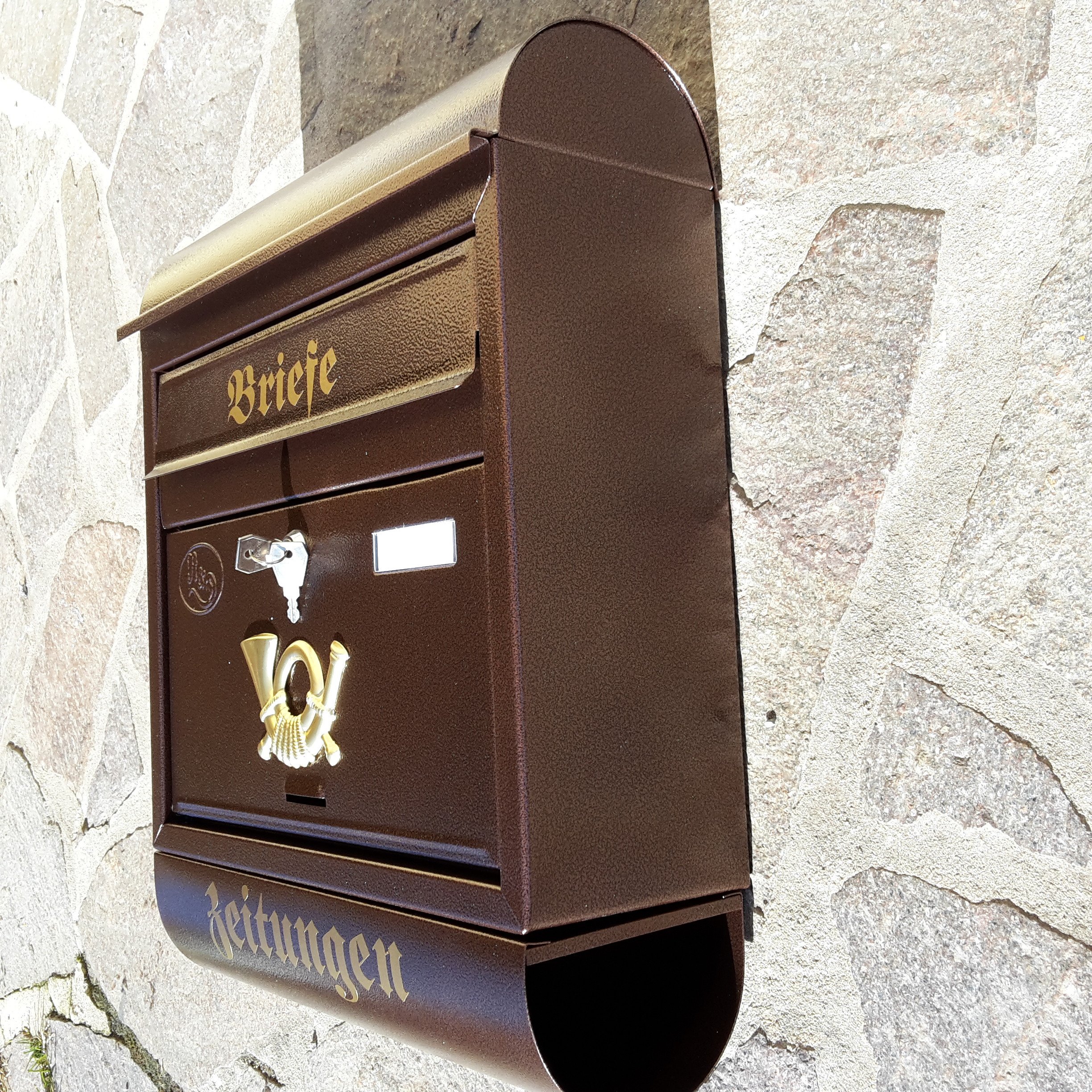 Eigenmarke Großer Briefkasten/Postkasten XXL Kupfer/Bronce mit Zeitungsrolle Runddach Wandmontage