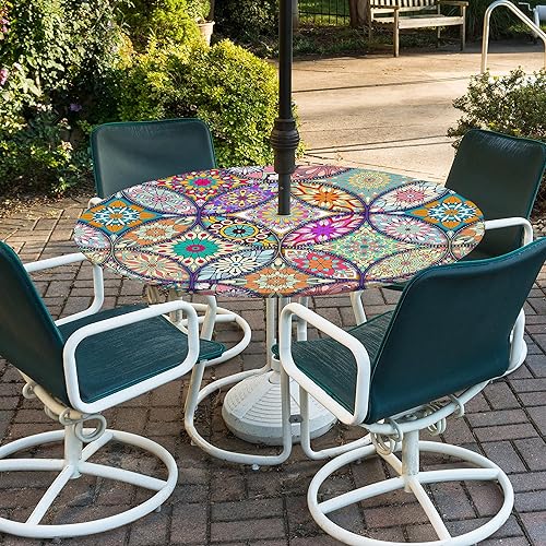 Miniatura 6 de Buwuta Mantel para exteriores con agujero para sombrilla y cremallera, impermeable, redondo, para mesa de patio, mantel redondo lavable para mesas