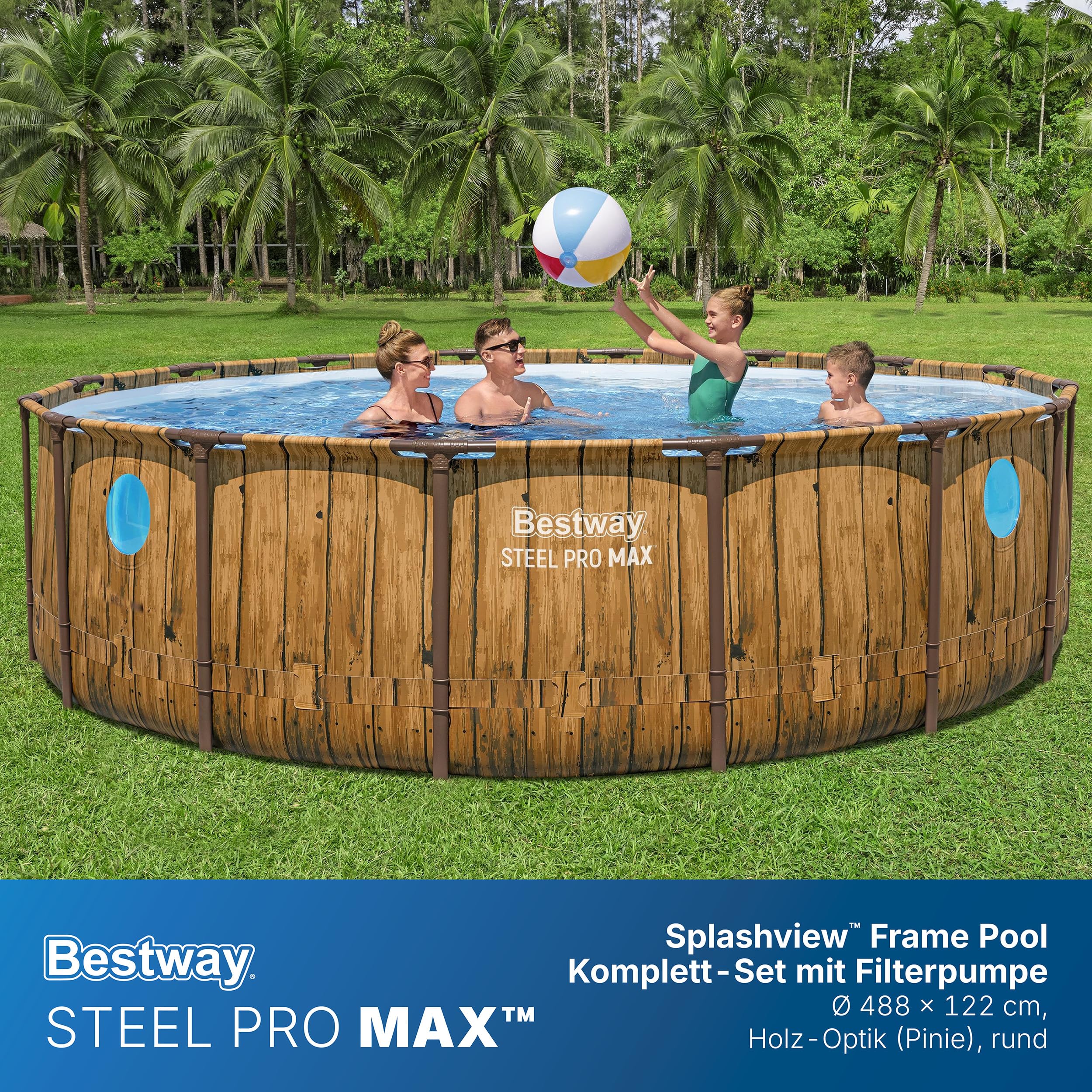 Bestway Steel Pro MAX Splashview Frame Pool Komplett-Set mit Filterpumpe Ø 488 x 122 cm, Holz-Optik (Pinie), rund