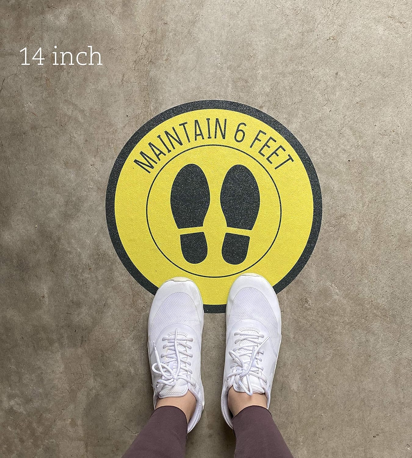 Large Social Distancing Floor Sticker - Commercial Grade Non Slip - Maintain 6 Feet - 2 Pack (14 Inch Round, Yellow)
